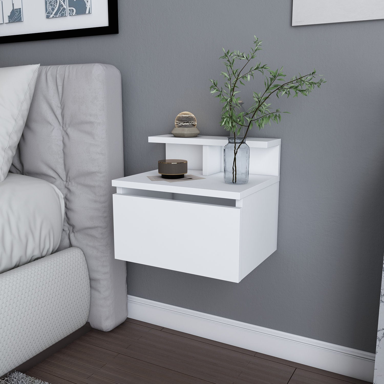 Mesa de Cabeceira Escandinava Branca, 39,8 x 31,9 x 35 cm | Painel de Partículas 100% Revestido em Melamina, 18 mm de Espessura | Elegante e Funcional para Quartos Modernos
