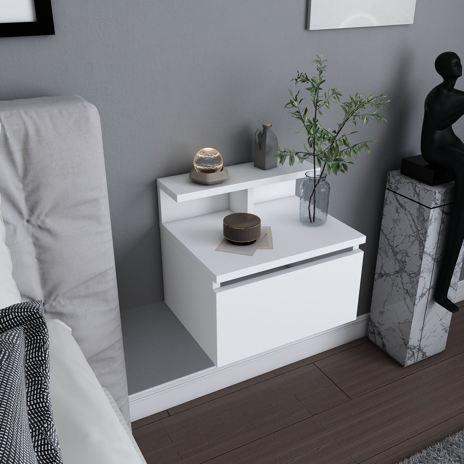 Mesa de Cabeceira Escandinava Branca, 39,8 x 31,9 x 35 cm | Painel de Partículas 100% Revestido em Melamina, 18 mm de Espessura | Elegante e Funcional para Quartos Modernos