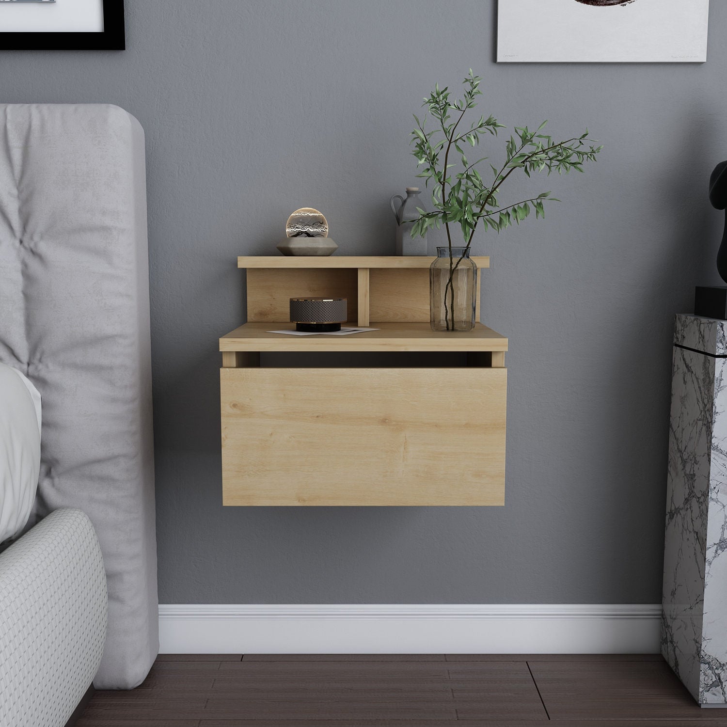 Mesa de Cabeceira em Carvalho Escandinavo, 39,8 x 31,9 x 35 cm | Painel de Partículas 100% Revestido em Melamina, 18 mm de Espessura | Elegante e Funcional para Decoração de Hotéis e Cabanas