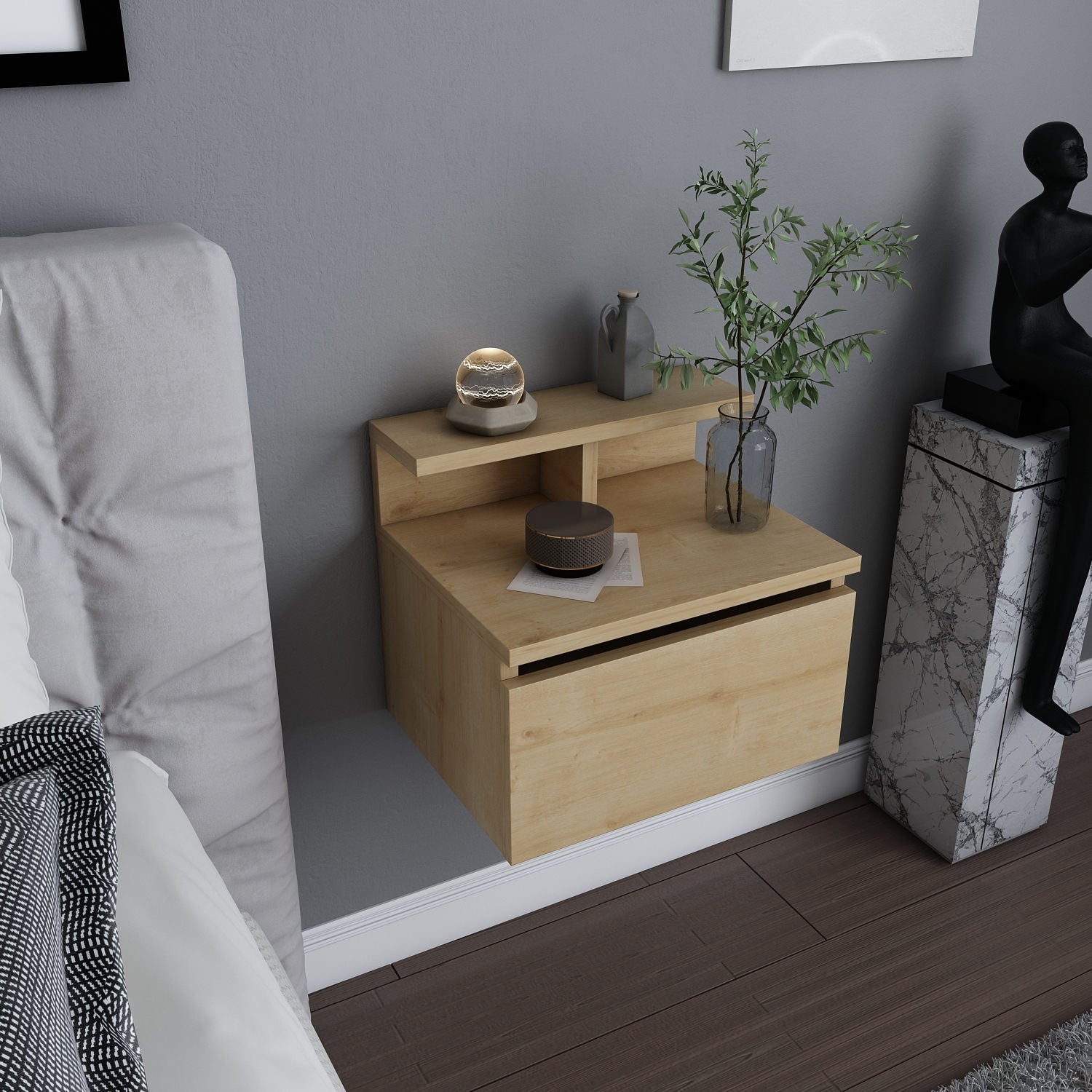 Mesa de Cabeceira em Carvalho Escandinavo, 39,8 x 31,9 x 35 cm | Painel de Partículas 100% Revestido em Melamina, 18 mm de Espessura | Elegante e Funcional para Decoração de Hotéis e Cabanas
