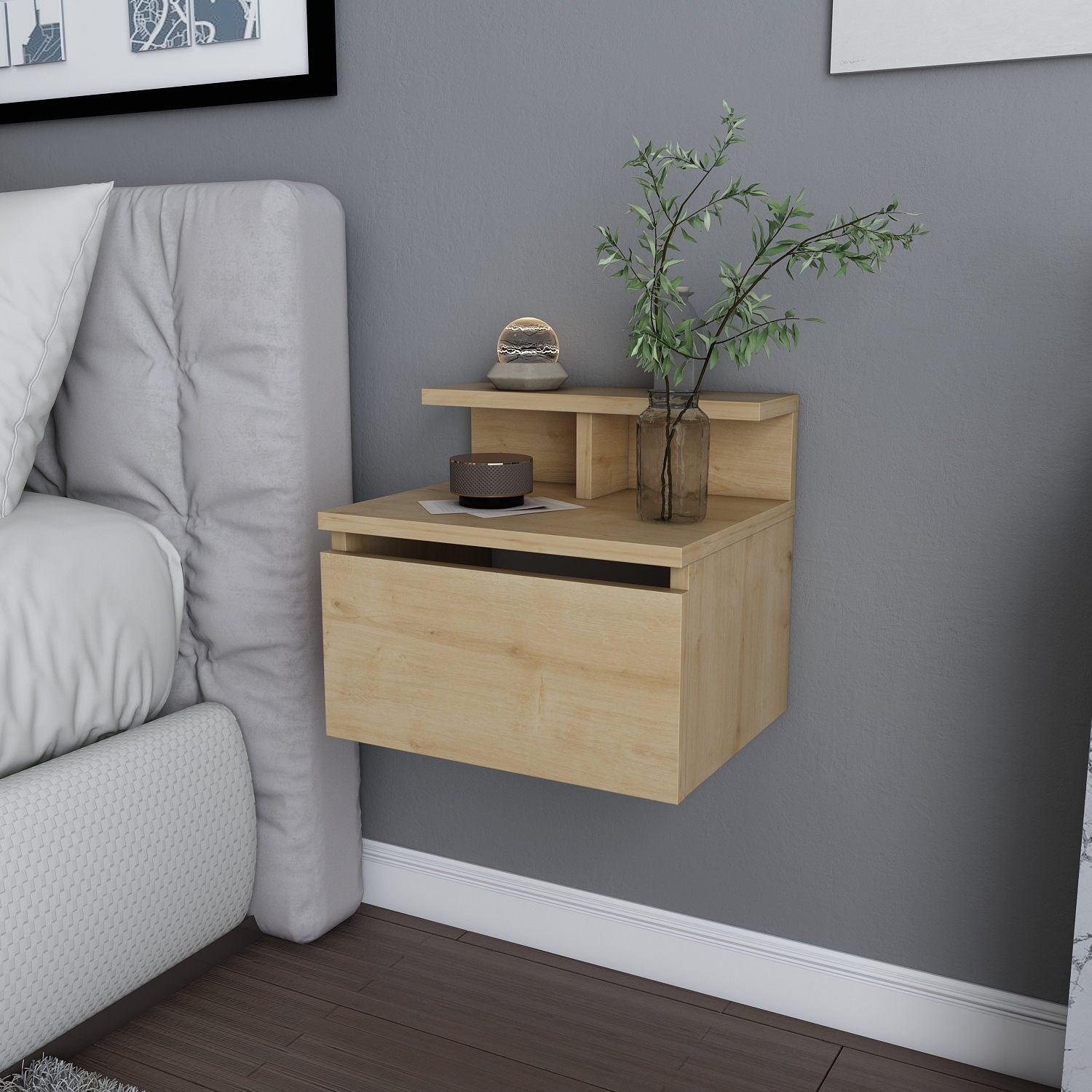 Mesa de Cabeceira em Carvalho Escandinavo, 39,8 x 31,9 x 35 cm | Painel de Partículas 100% Revestido em Melamina, 18 mm de Espessura | Elegante e Funcional para Decoração de Hotéis e Cabanas