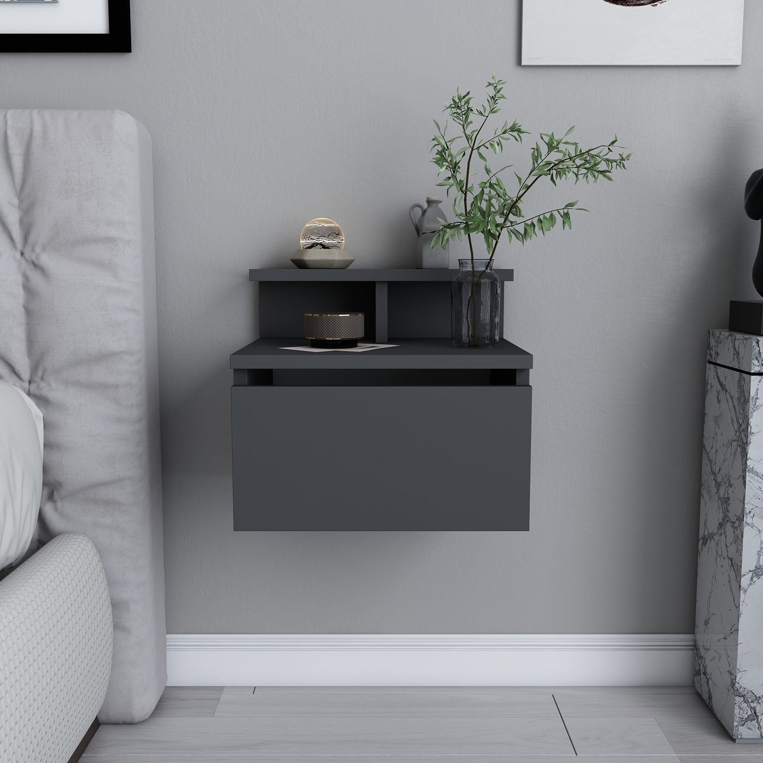 Mesa de Cabeceira Escandinava, Antracite, 39,8 x 31,9 x 35 cm | Painel de Partículas 100% Revestido em Melamina, 18 mm de Espessura | Elegante e Funcional para Quartos Modernos