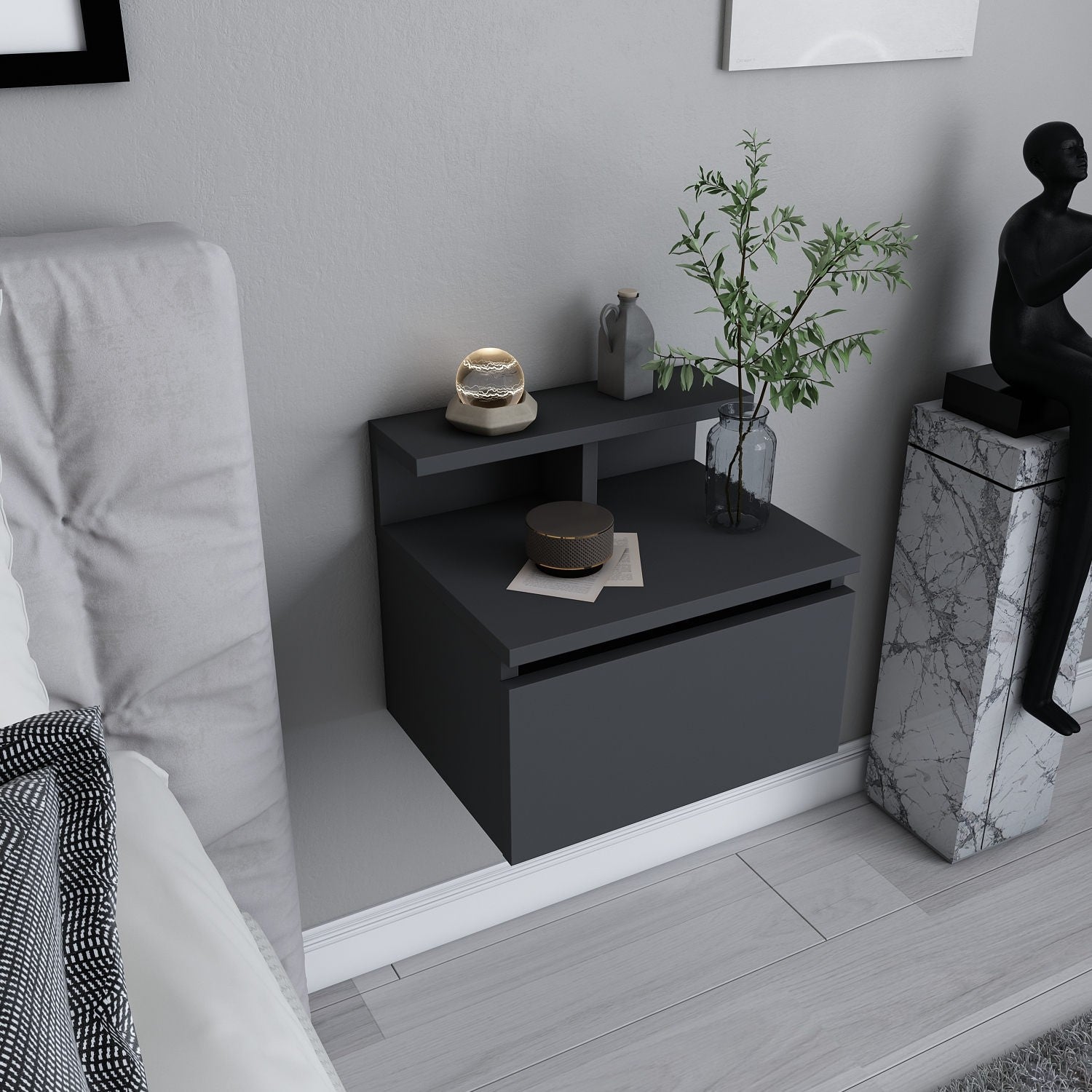 Mesa de Cabeceira Escandinava, Antracite, 39,8 x 31,9 x 35 cm | Painel de Partículas 100% Revestido em Melamina, 18 mm de Espessura | Elegante e Funcional para Quartos Modernos