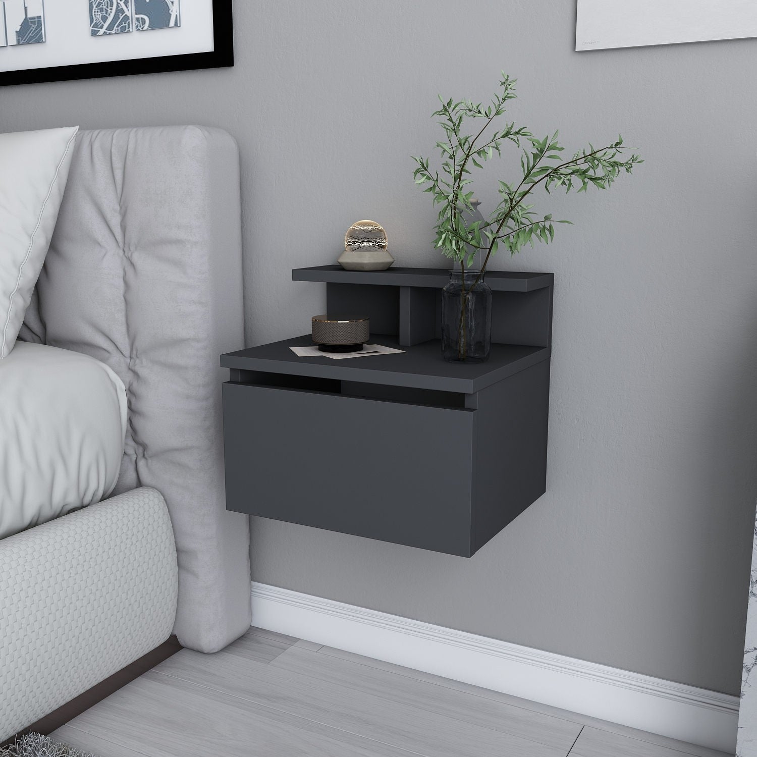 Mesa de Cabeceira Escandinava, Antracite, 39,8 x 31,9 x 35 cm | Painel de Partículas 100% Revestido em Melamina, 18 mm de Espessura | Elegante e Funcional para Quartos Modernos
