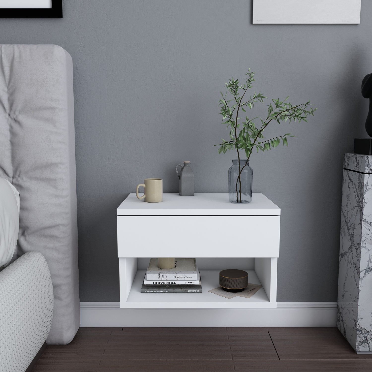 Mesa de Cabeceira Escandinava Branca, 44,6 x 29 x 31,9 cm | Painel de Partículas 100% Revestido com Melamina, 18 mm de Espessura | Design Elegante para Decoração Moderna de Hotéis e Casas