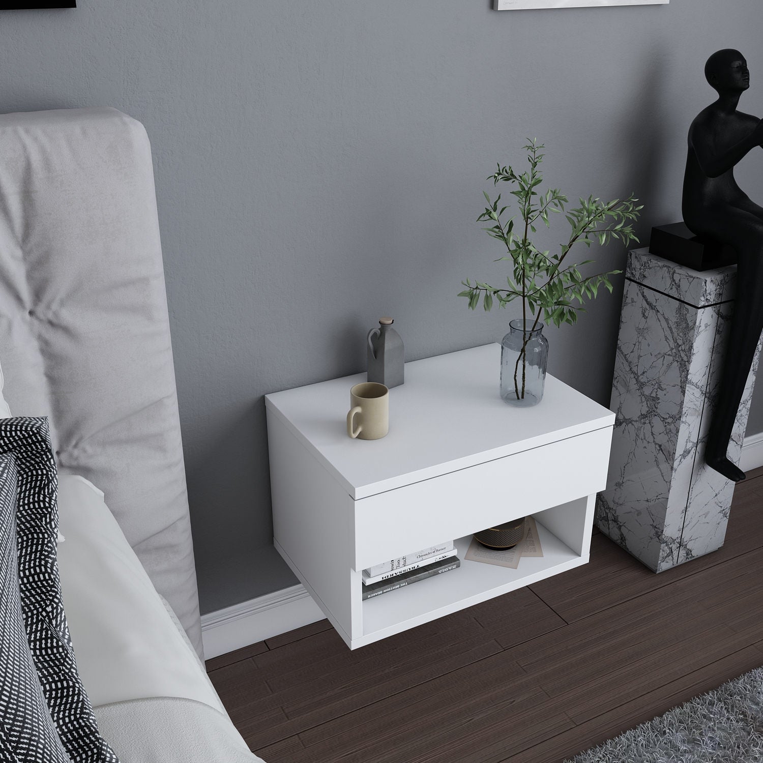Mesa de Cabeceira Escandinava Branca, 44,6 x 29 x 31,9 cm | Painel de Partículas 100% Revestido com Melamina, 18 mm de Espessura | Design Elegante para Decoração Moderna de Hotéis e Casas