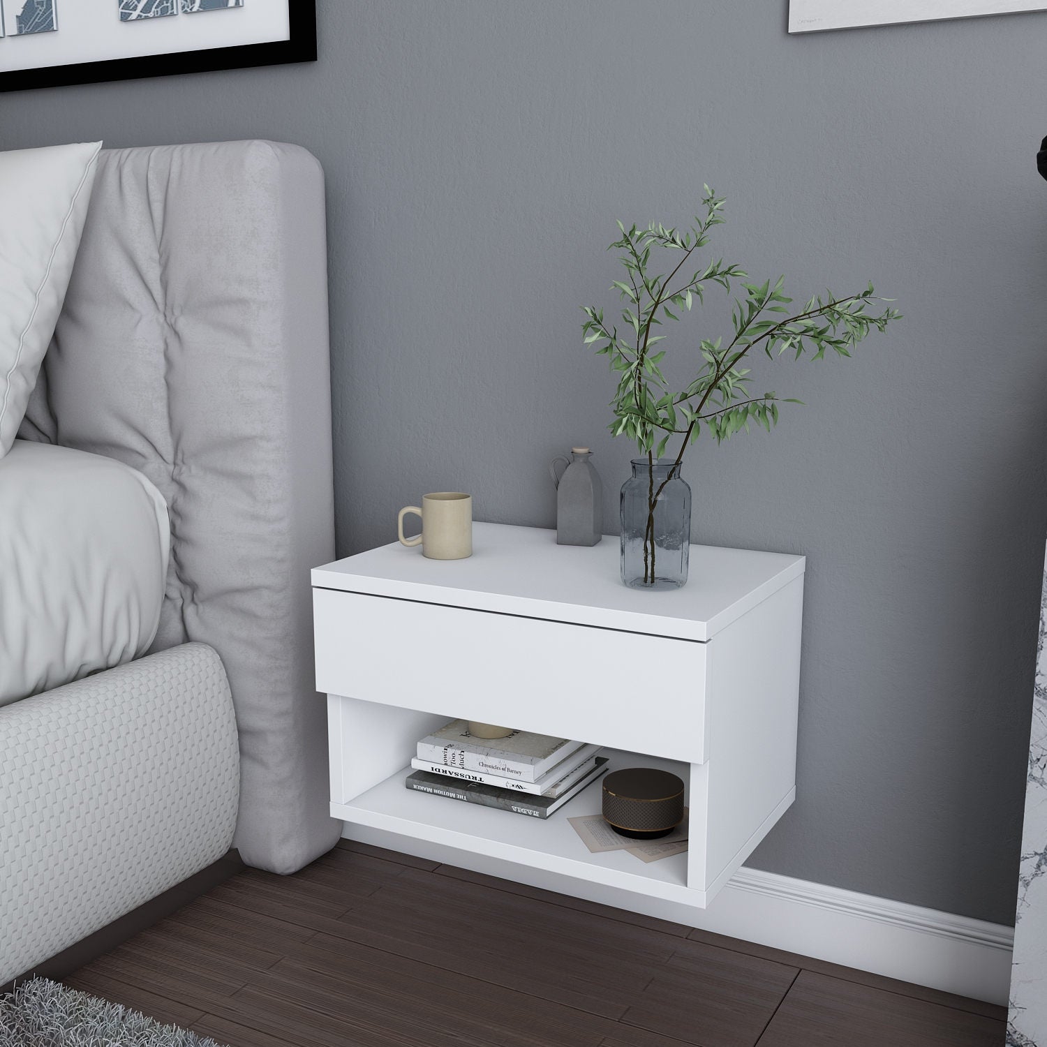 Mesa de Cabeceira Escandinava Branca, 44,6 x 29 x 31,9 cm | Painel de Partículas 100% Revestido com Melamina, 18 mm de Espessura | Design Elegante para Decoração Moderna de Hotéis e Casas
