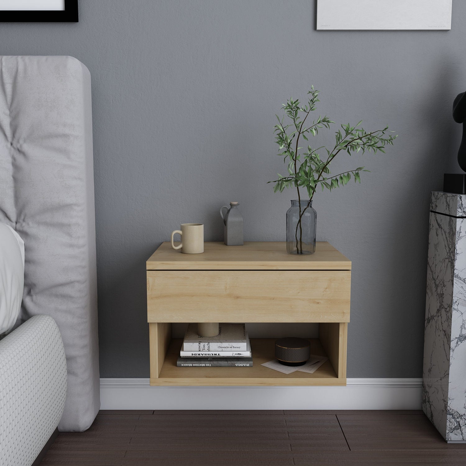 Mesa de Cabeceira em Carvalho Escandinavo, 44,6 x 29 x 31,9 cm | Painel de Partículas 100% Revestido em Melamina, 18 mm de Espessura | Elegante e Funcional para Decoração de Hotéis e Cabanas