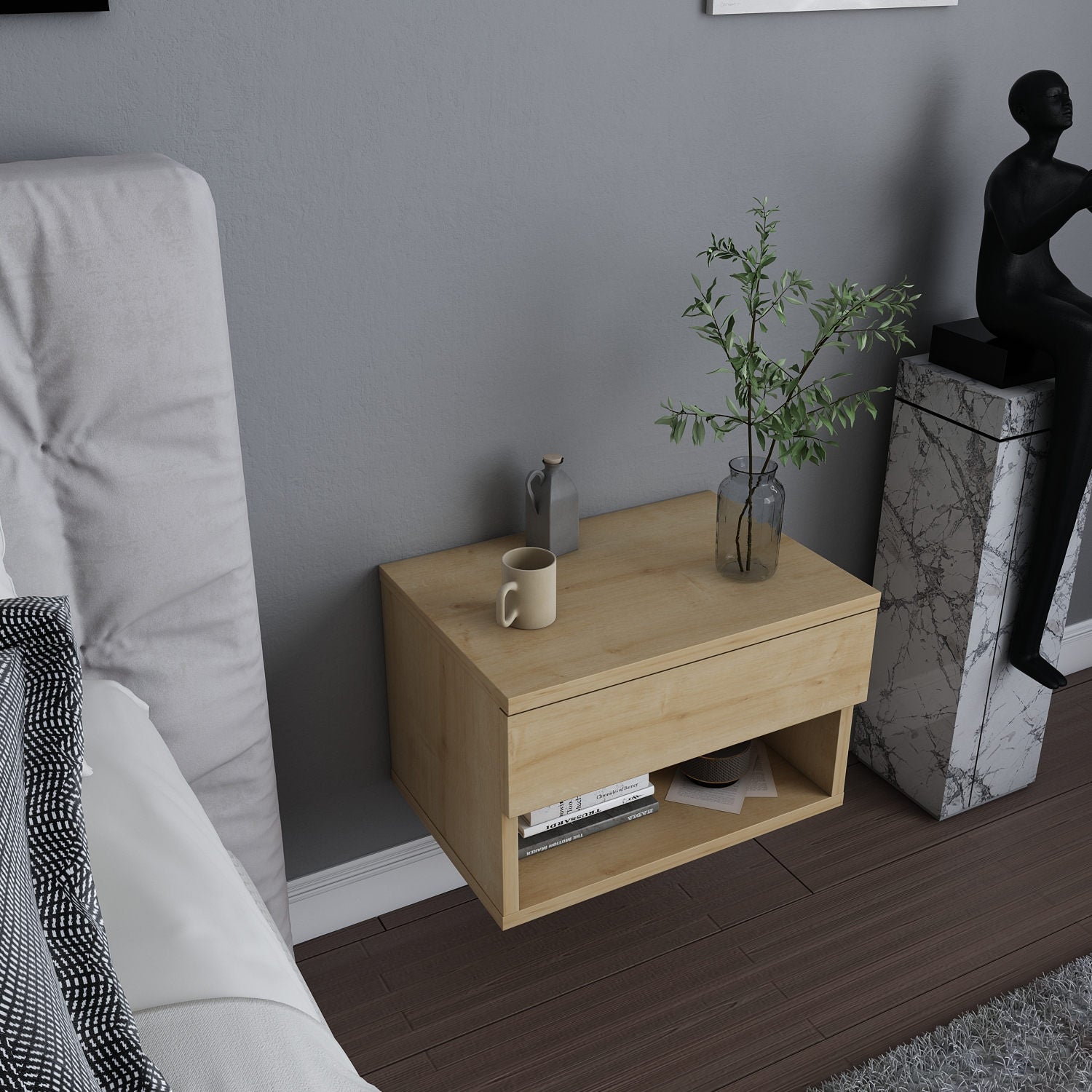 Mesa de Cabeceira em Carvalho Escandinavo, 44,6 x 29 x 31,9 cm | Painel de Partículas 100% Revestido em Melamina, 18 mm de Espessura | Elegante e Funcional para Decoração de Hotéis e Cabanas