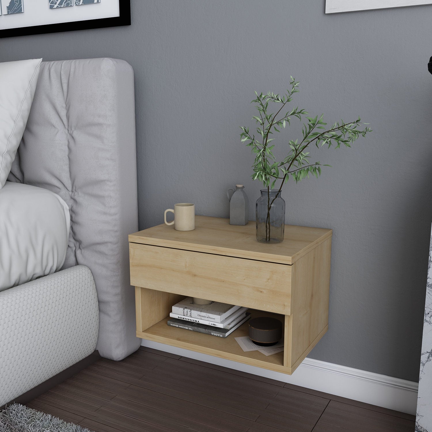 Mesa de Cabeceira em Carvalho Escandinavo, 44,6 x 29 x 31,9 cm | Painel de Partículas 100% Revestido em Melamina, 18 mm de Espessura | Elegante e Funcional para Decoração de Hotéis e Cabanas