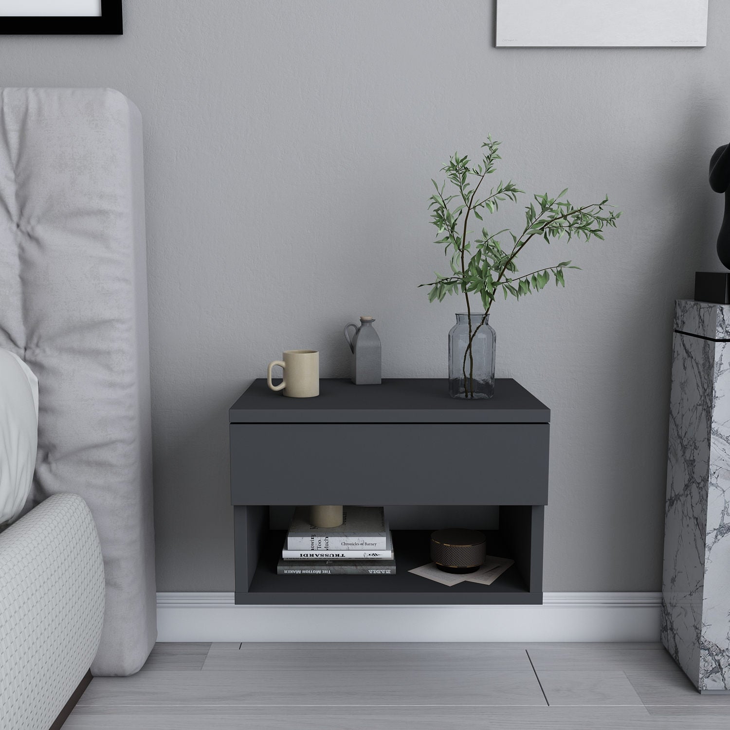 Mesa de Cabeceira Escandinava, Antracite, 44,6 x 29 x 31,9 cm | Painel de Partículas 100% Revestido em Melamina, 18 mm de Espessura | Elegante e Funcional para Quartos Modernos