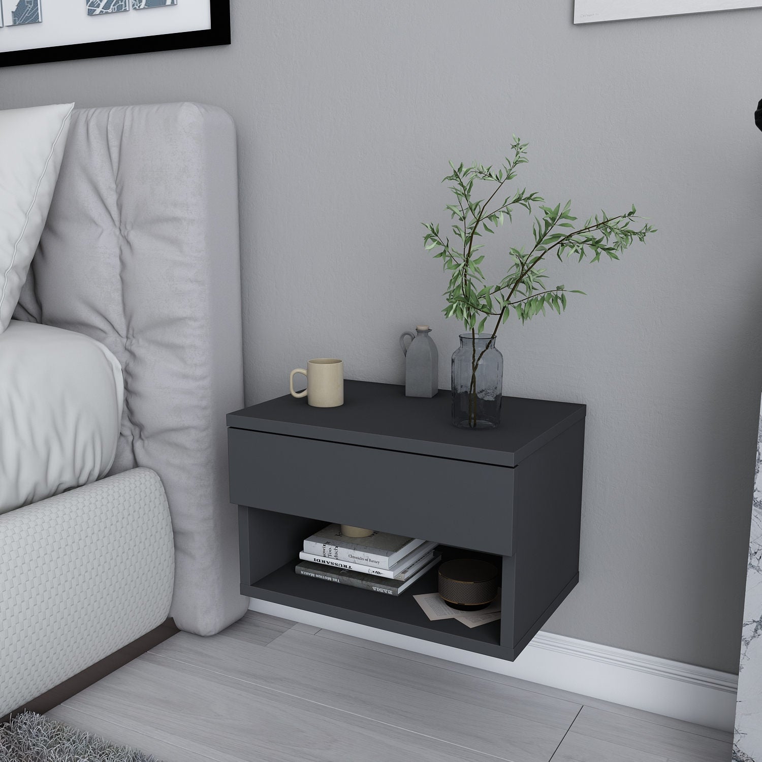 Mesa de Cabeceira Escandinava, Antracite, 44,6 x 29 x 31,9 cm | Painel de Partículas 100% Revestido em Melamina, 18 mm de Espessura | Elegante e Funcional para Quartos Modernos