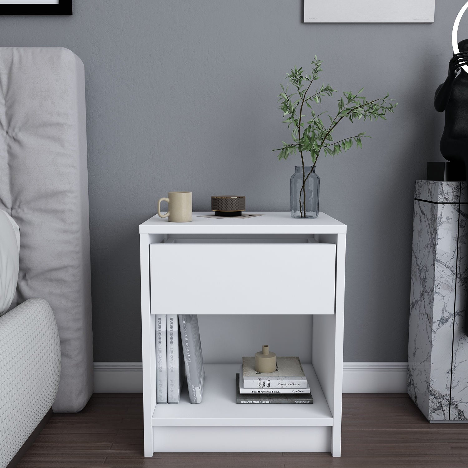 Mesa de Cabeceira Escandinava Branca, 44,6 x 35,9 x 52,8 cm | Painel de Partículas 100% Revestido em Melamina, 18 mm de Espessura | Elegante e Funcional para Quartos Modernos