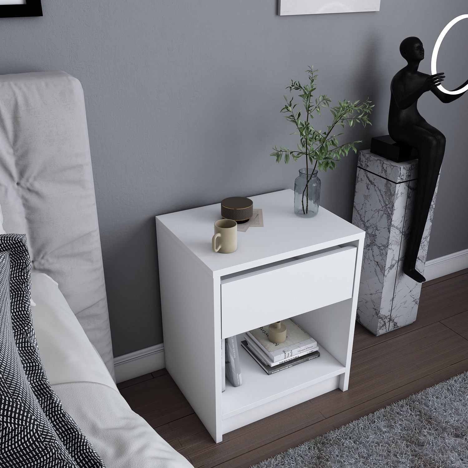 Mesa de Cabeceira Escandinava Branca, 44,6 x 35,9 x 52,8 cm | Painel de Partículas 100% Revestido em Melamina, 18 mm de Espessura | Elegante e Funcional para Quartos Modernos