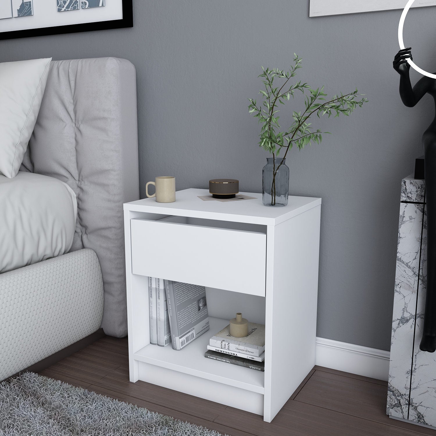 Mesa de Cabeceira Escandinava Branca, 44,6 x 35,9 x 52,8 cm | Painel de Partículas 100% Revestido em Melamina, 18 mm de Espessura | Elegante e Funcional para Quartos Modernos