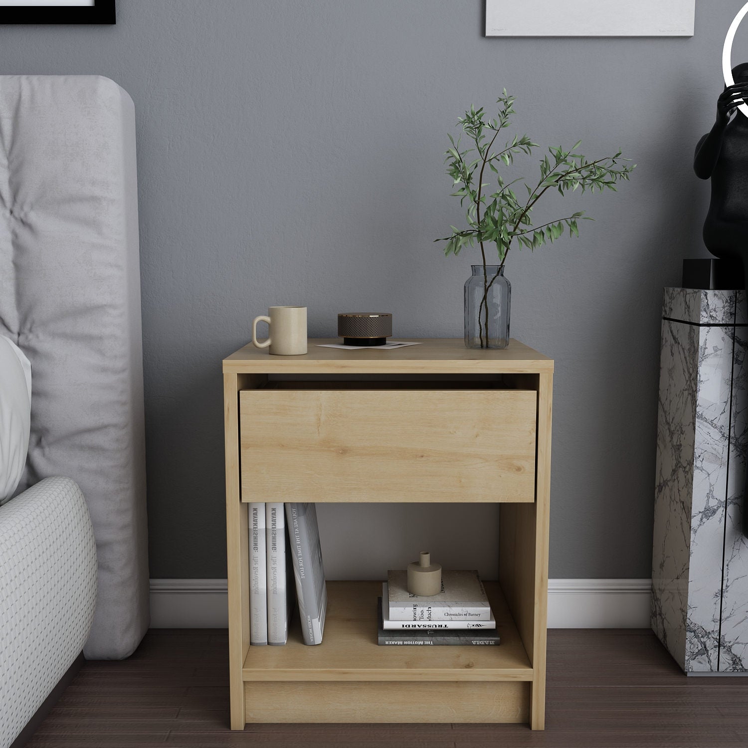 Mesa de Cabeceira em Carvalho Escandinavo, 44,6 x 35,9 x 52,8 cm | Painel de Partículas 100% Revestido em Melamina, 18 mm de Espessura | Elegante e Funcional para Decoração de Hotéis e Cabanas