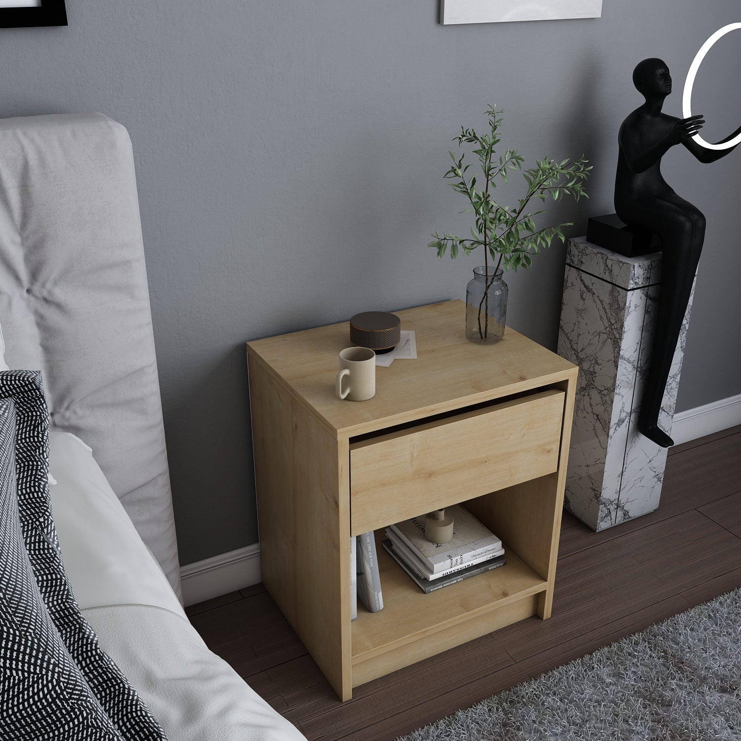 Mesa de Cabeceira em Carvalho Escandinavo, 44,6 x 35,9 x 52,8 cm | Painel de Partículas 100% Revestido em Melamina, 18 mm de Espessura | Elegante e Funcional para Decoração de Hotéis e Cabanas