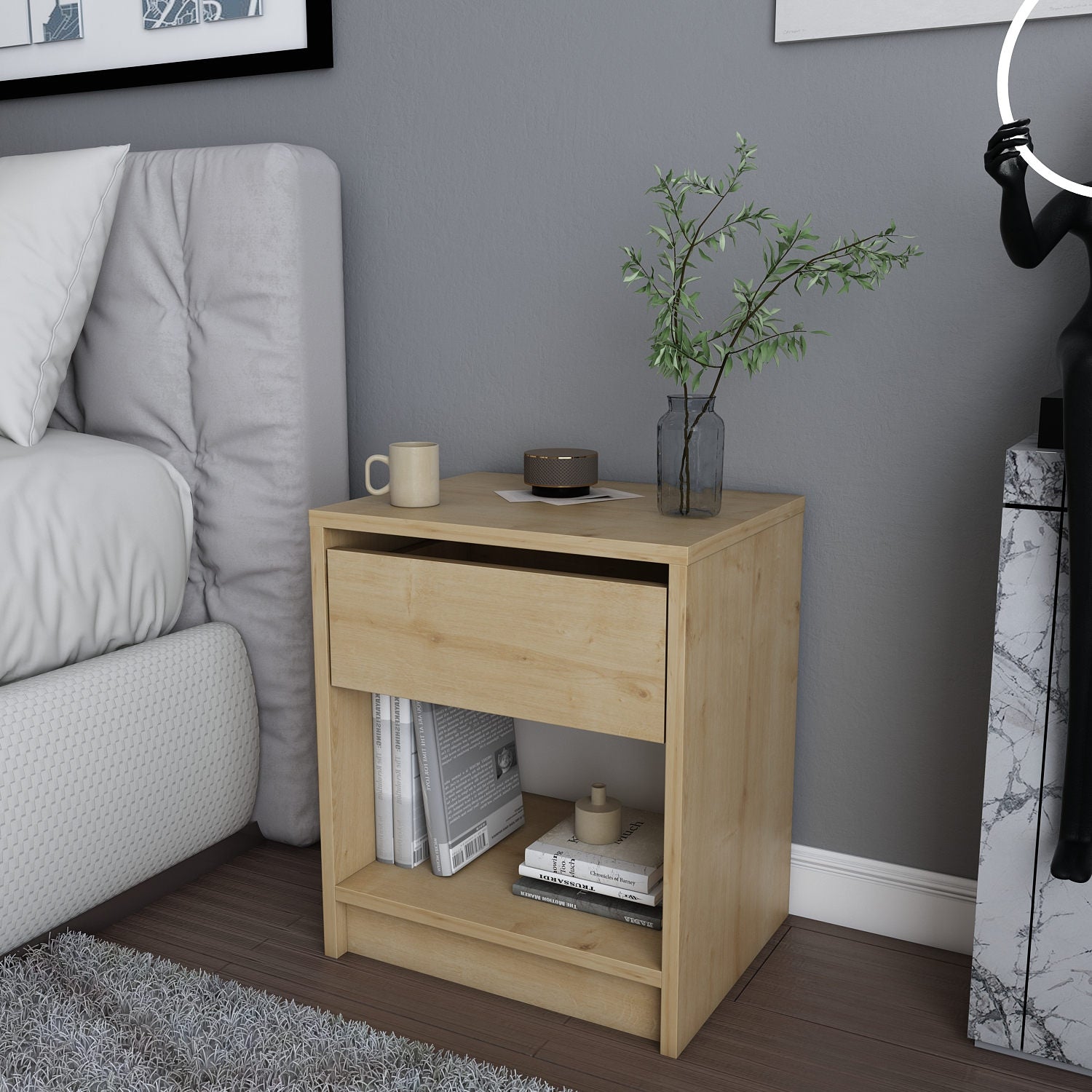 Mesa de Cabeceira em Carvalho Escandinavo, 44,6 x 35,9 x 52,8 cm | Painel de Partículas 100% Revestido em Melamina, 18 mm de Espessura | Elegante e Funcional para Decoração de Hotéis e Cabanas