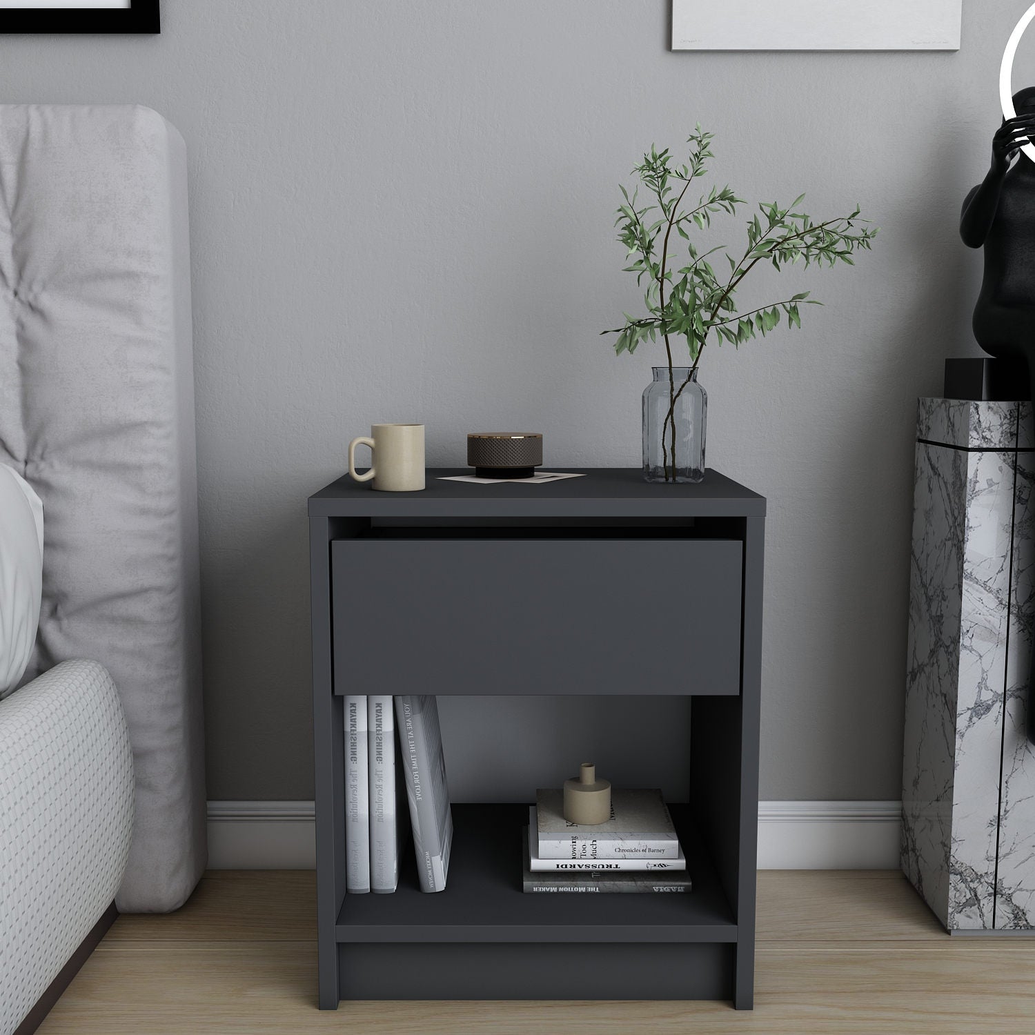 Mesa de Cabeceira Escandinava, Antracite, 44,6 x 35,9 x 52,8 cm | Painel de Partículas 100% Revestido em Melamina, 18 mm de Espessura | Elegante e Funcional para Quartos Modernos