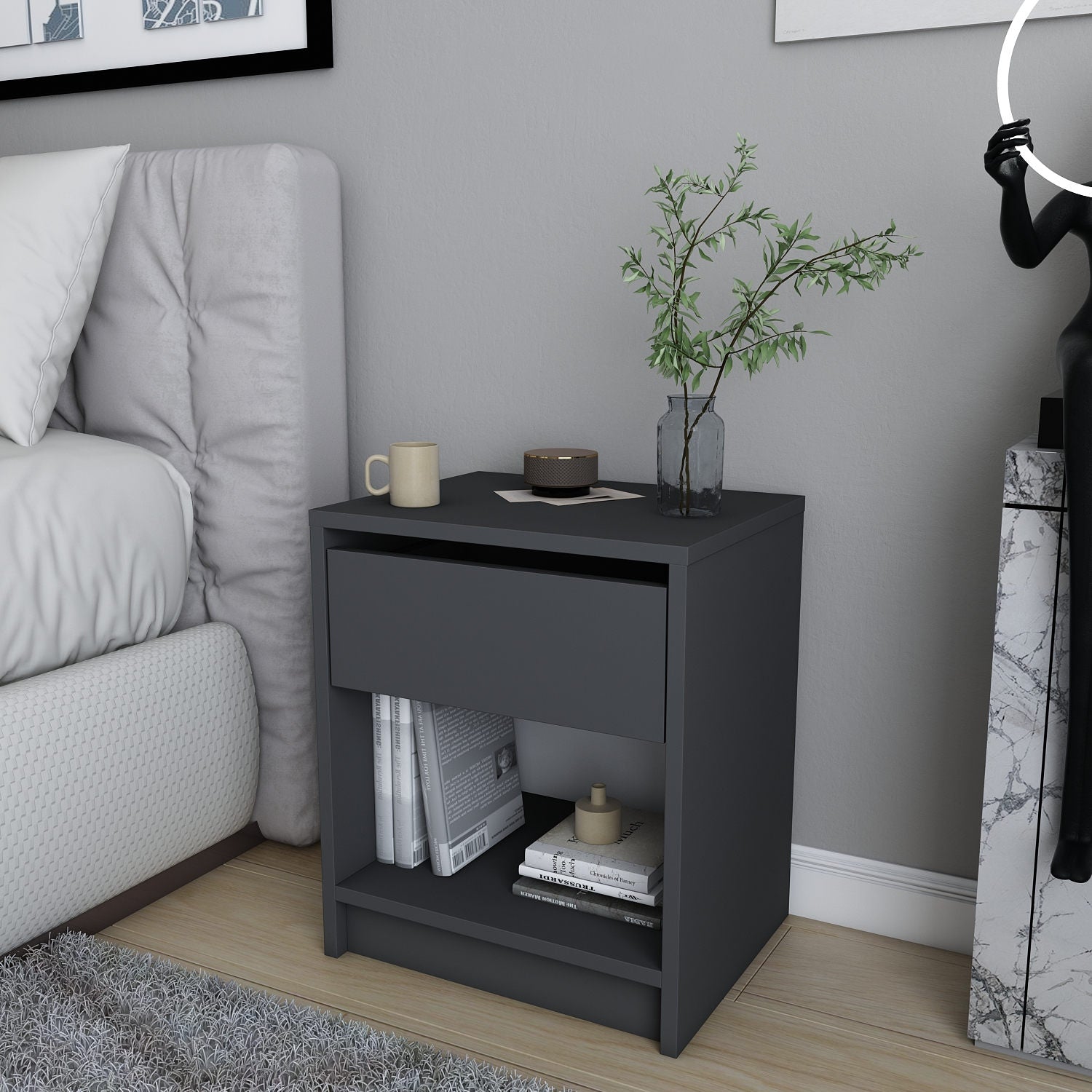 Mesa de Cabeceira Escandinava, Antracite, 44,6 x 35,9 x 52,8 cm | Painel de Partículas 100% Revestido em Melamina, 18 mm de Espessura | Elegante e Funcional para Quartos Modernos