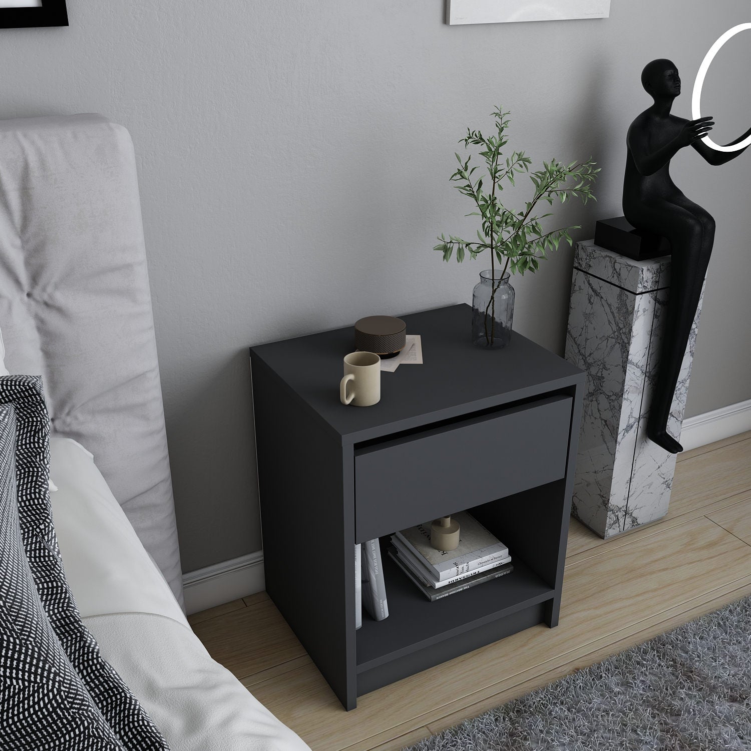 Mesa de Cabeceira Escandinava, Antracite, 44,6 x 35,9 x 52,8 cm | Painel de Partículas 100% Revestido em Melamina, 18 mm de Espessura | Elegante e Funcional para Quartos Modernos