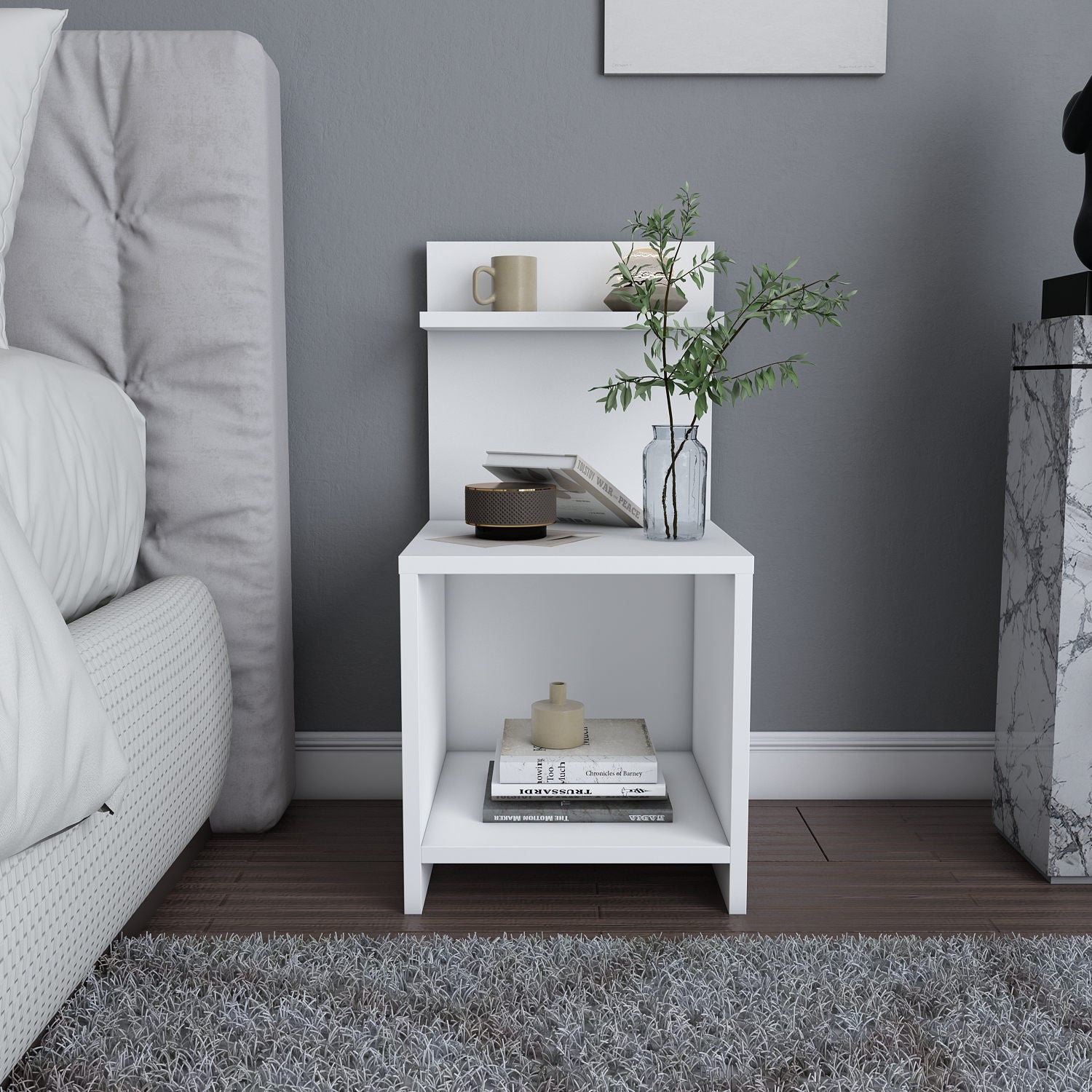 Mesa de Cabeceira Escandinava, Branca, 35,6 x 37,4 x 72 cm | Painel de Partículas 100% Revestido em Melamina, 18 mm de Espessura | Elegante e Funcional para Quartos Modernos