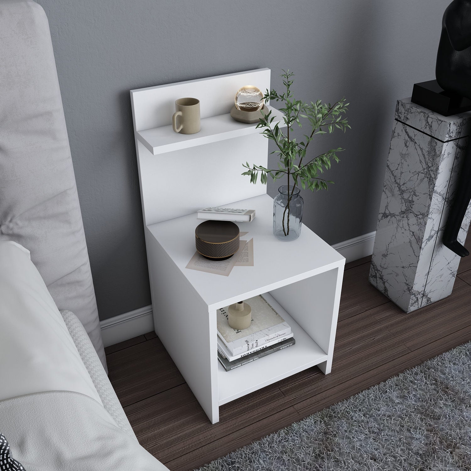 Mesa de Cabeceira Escandinava, Branca, 35,6 x 37,4 x 72 cm | Painel de Partículas 100% Revestido em Melamina, 18 mm de Espessura | Elegante e Funcional para Quartos Modernos