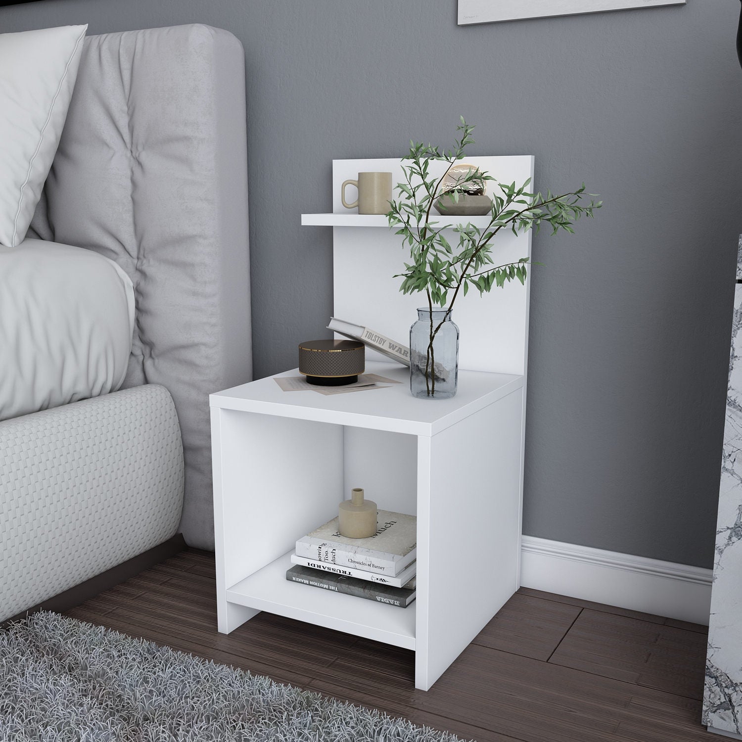 Mesa de Cabeceira Escandinava, Branca, 35,6 x 37,4 x 72 cm | Painel de Partículas 100% Revestido em Melamina, 18 mm de Espessura | Elegante e Funcional para Quartos Modernos