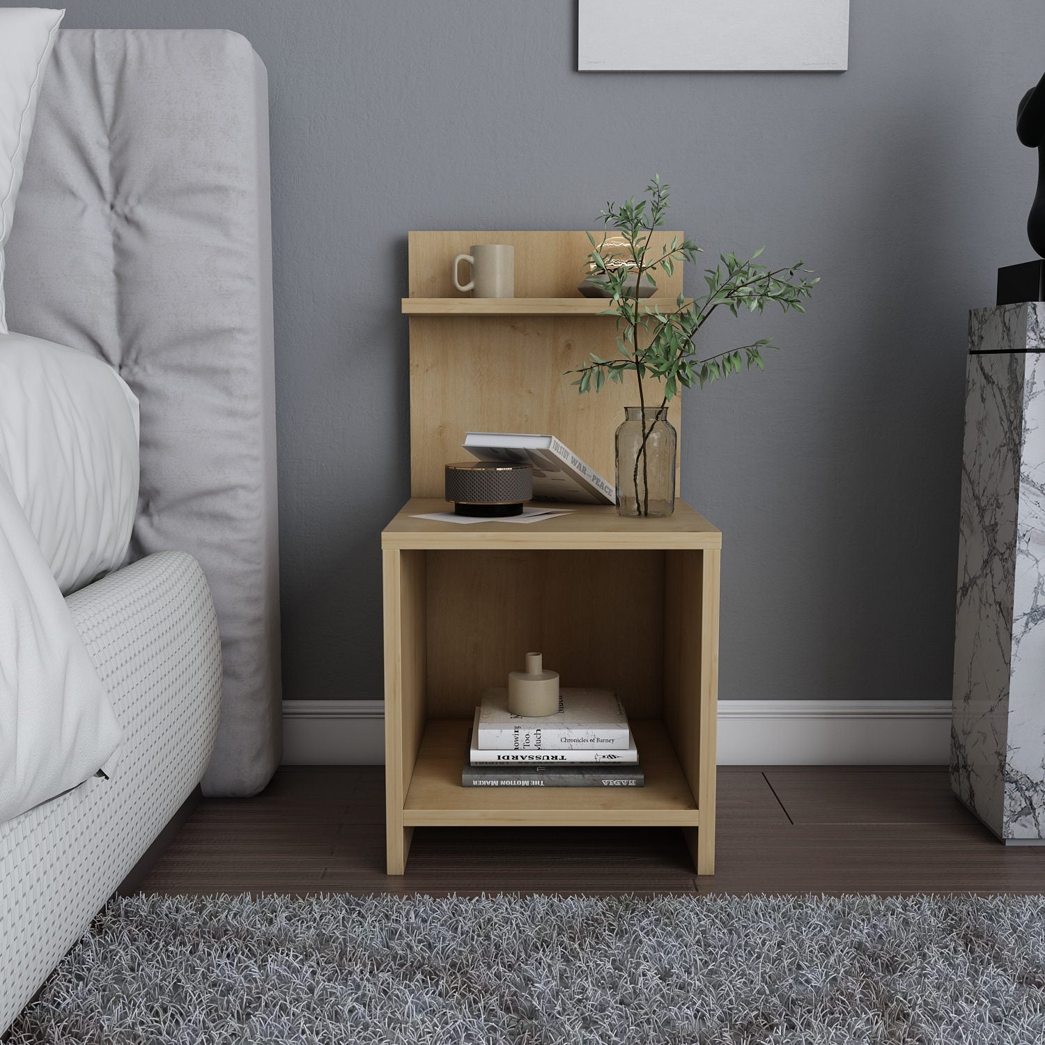 Elegante mesa de cabeceira de carvalho, 35,6 x 37,4 x 72 cm | Painel de partículas 100% revestido de melamina, 18 mm de espessura | Perfeito para decoração em estilo cabana/lodge