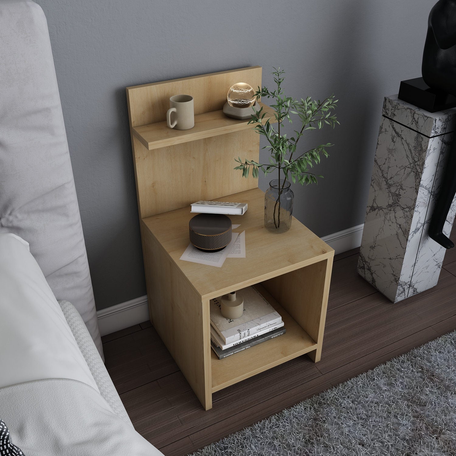 Elegante mesa de cabeceira de carvalho, 35,6 x 37,4 x 72 cm | Painel de partículas 100% revestido de melamina, 18 mm de espessura | Perfeito para decoração em estilo cabana/lodge