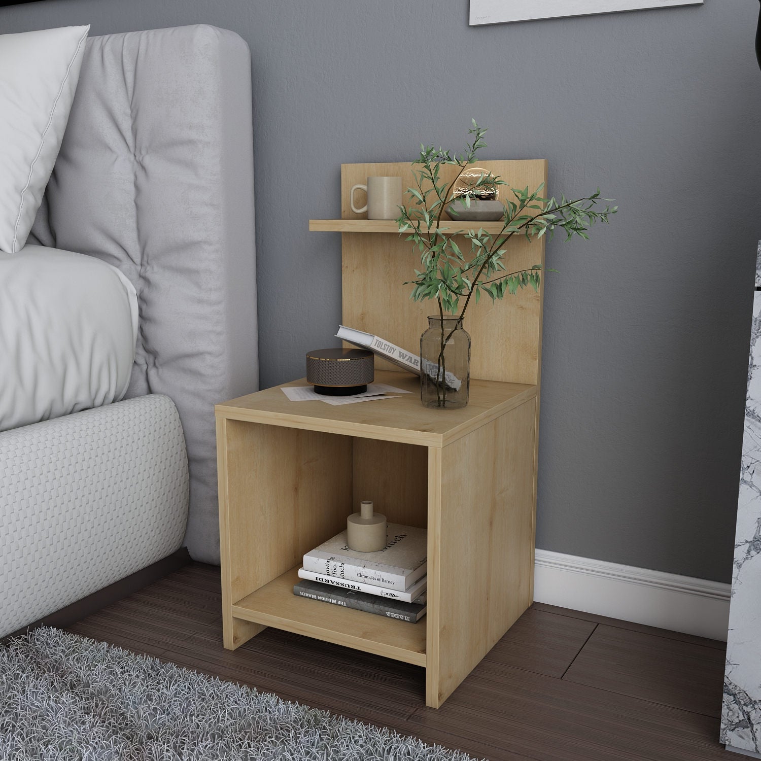 Elegante mesa de cabeceira de carvalho, 35,6 x 37,4 x 72 cm | Painel de partículas 100% revestido de melamina, 18 mm de espessura | Perfeito para decoração em estilo cabana/lodge
