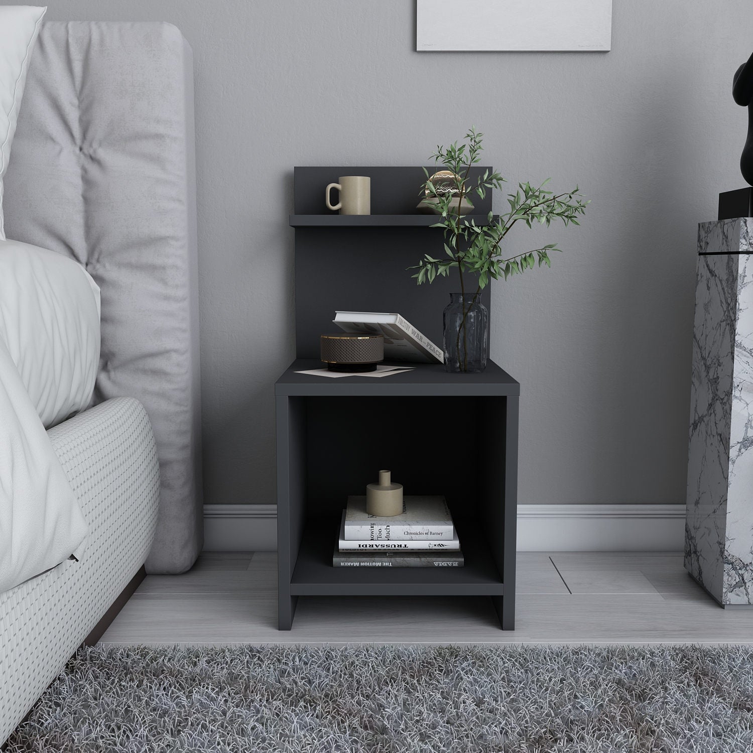 Mesa de Cabeceira Escandinava, Antracite, 35,6 x 37,4 x 72 cm | Painel de Partículas 100% Revestido em Melamina, 18 mm de Espessura | Elegante e Funcional para Quartos Modernos