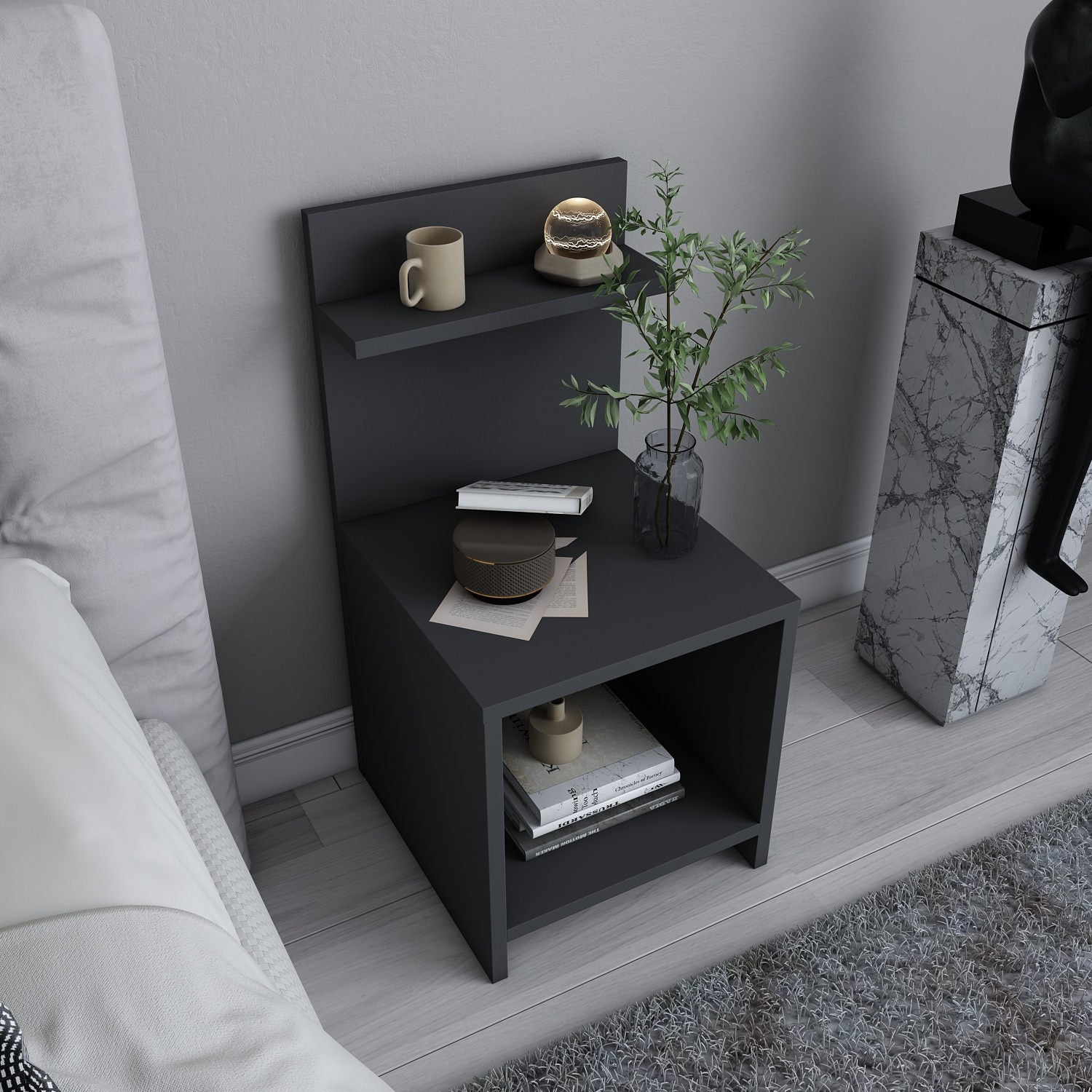 Mesa de Cabeceira Escandinava, Antracite, 35,6 x 37,4 x 72 cm | Painel de Partículas 100% Revestido em Melamina, 18 mm de Espessura | Elegante e Funcional para Quartos Modernos