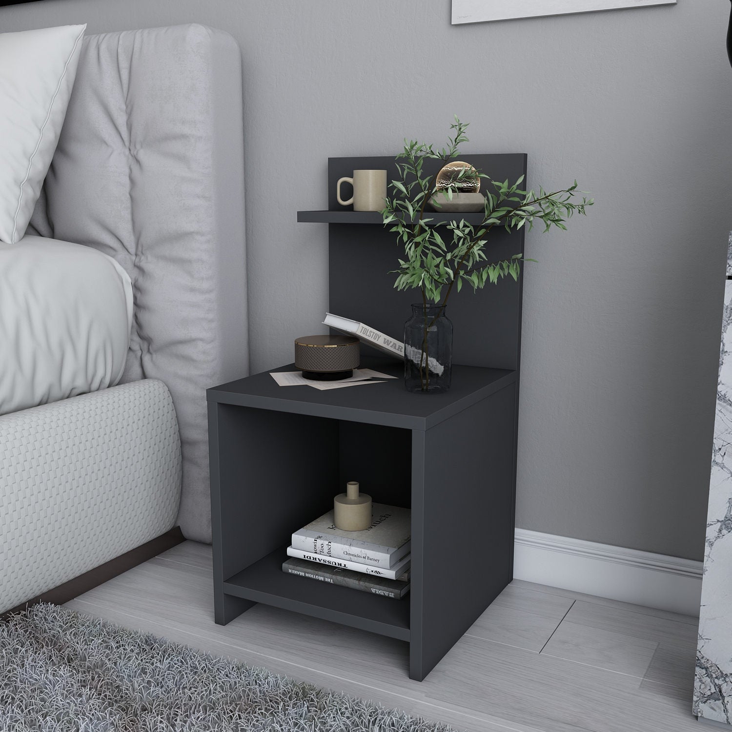 Mesa de Cabeceira Escandinava, Antracite, 35,6 x 37,4 x 72 cm | Painel de Partículas 100% Revestido em Melamina, 18 mm de Espessura | Elegante e Funcional para Quartos Modernos
