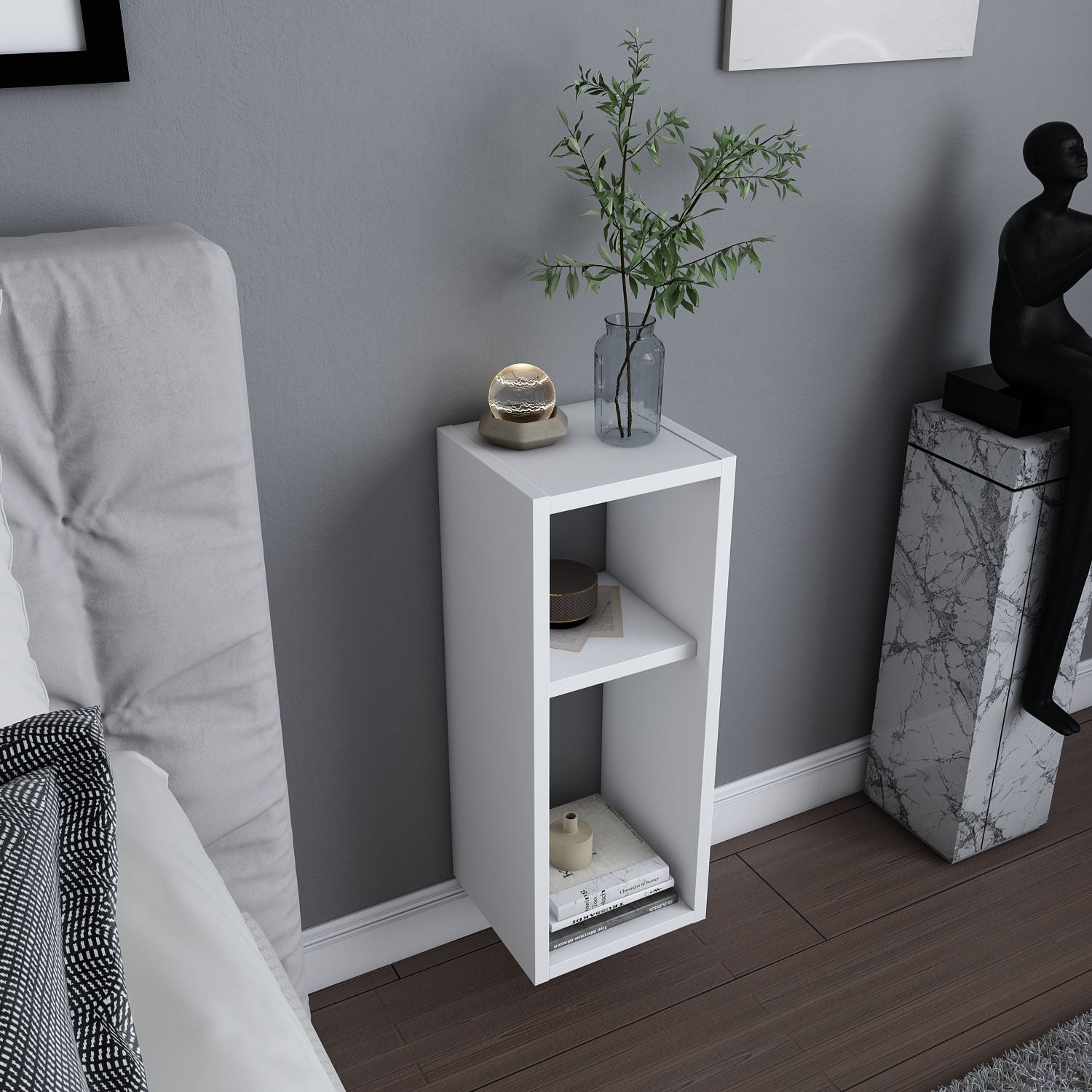 Mesa de Cabeceira Escandinava, Branca, 23,2 x 22 x 59,6 cm | Painel de Partículas 100% Revestido em Melamina, 18 mm de Espessura | Elegante e Funcional para Quartos Modernos