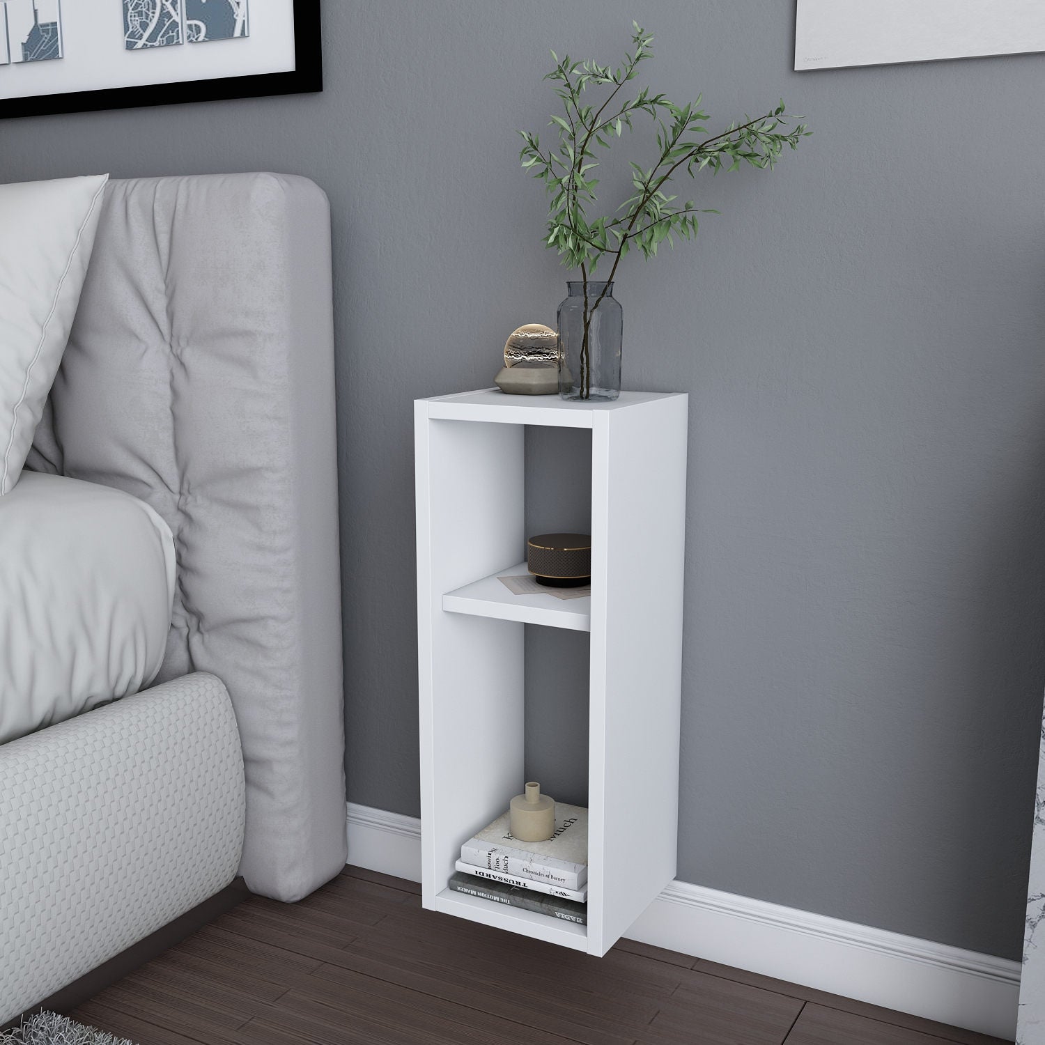 Mesa de Cabeceira Escandinava, Branca, 23,2 x 22 x 59,6 cm | Painel de Partículas 100% Revestido em Melamina, 18 mm de Espessura | Elegante e Funcional para Quartos Modernos
