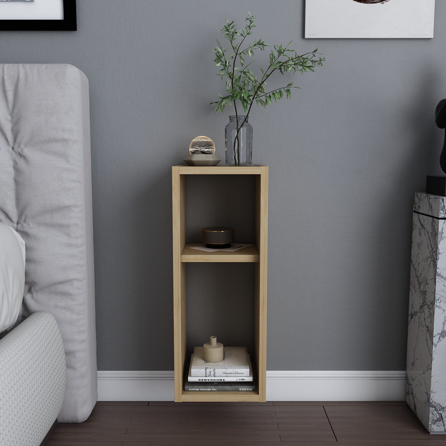 Mesa de Cabeceira em Carvalho Escandinavo, 23,2 x 22 x 59,6 cm | Painel de Partículas 100% Revestido em Melamina, 18 mm de Espessura | Elegante e Funcional para Decoração de Hotéis e Cabanas