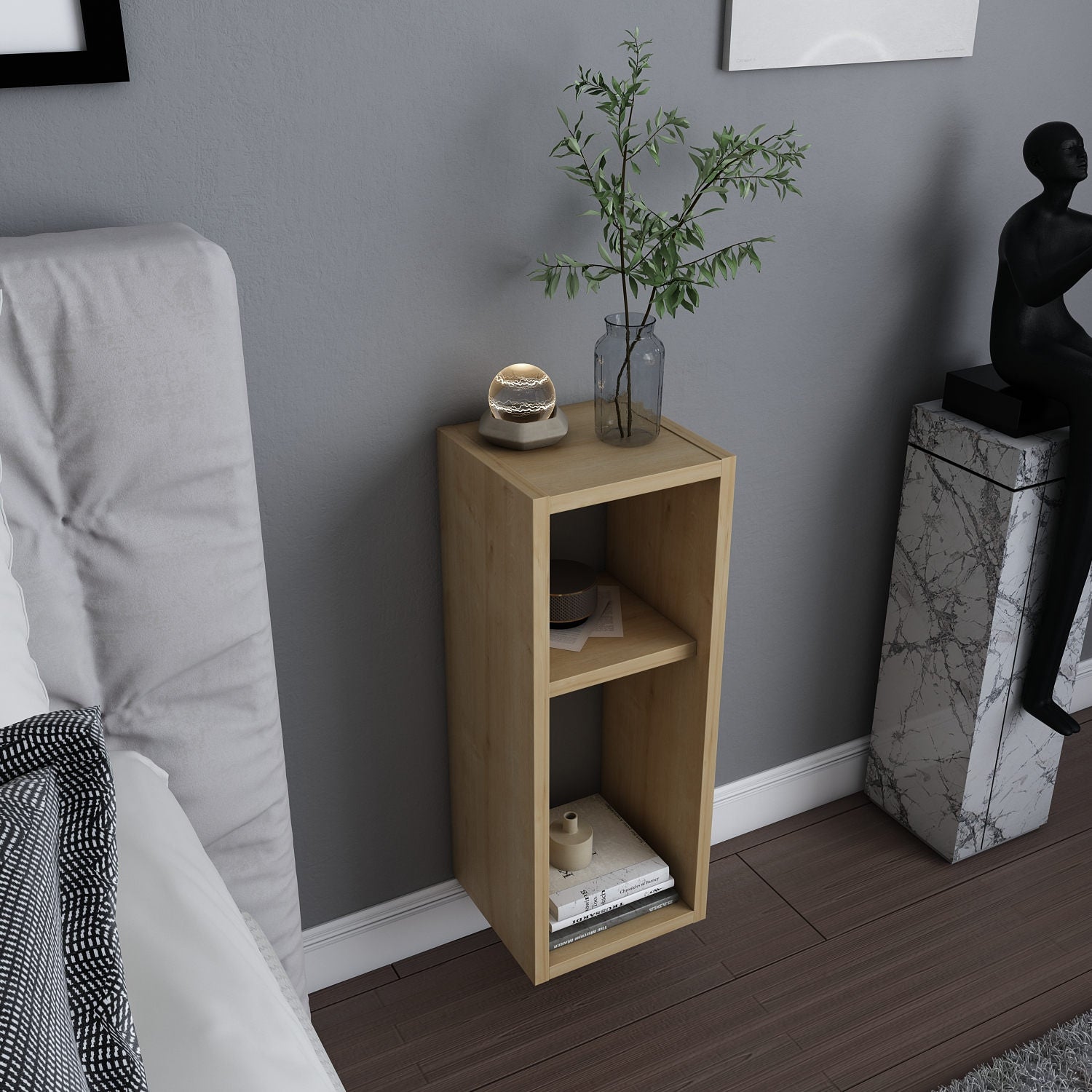 Mesa de Cabeceira em Carvalho Escandinavo, 23,2 x 22 x 59,6 cm | Painel de Partículas 100% Revestido em Melamina, 18 mm de Espessura | Elegante e Funcional para Decoração de Hotéis e Cabanas