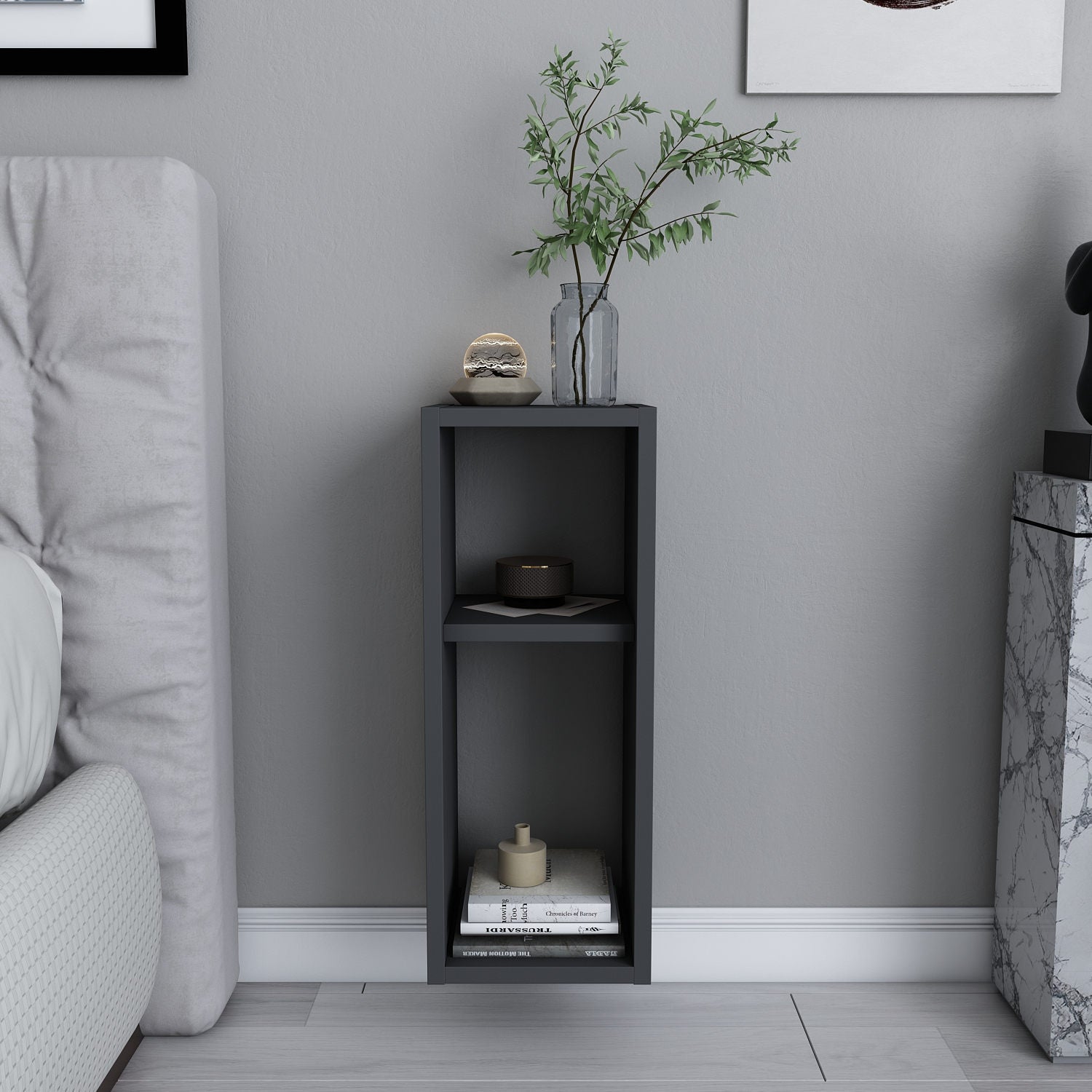Mesa de Cabeceira Escandinava, Antracite, 23,2 x 22 x 59,6 cm | Painel de Partículas 100% Revestido em Melamina, 18 mm de Espessura | Elegante e Funcional para Hotéis Modernos