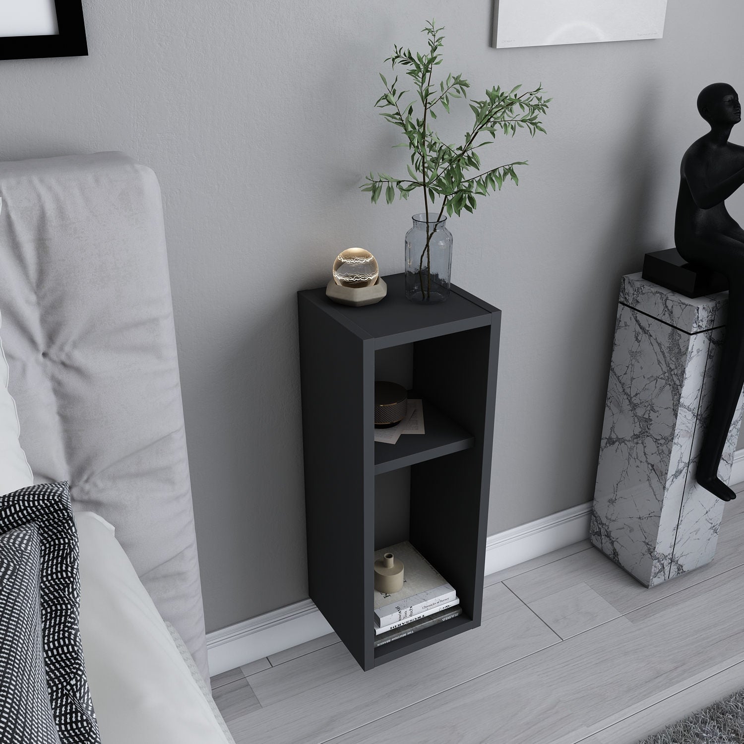 Mesa de Cabeceira Escandinava, Antracite, 23,2 x 22 x 59,6 cm | Painel de Partículas 100% Revestido em Melamina, 18 mm de Espessura | Elegante e Funcional para Hotéis Modernos
