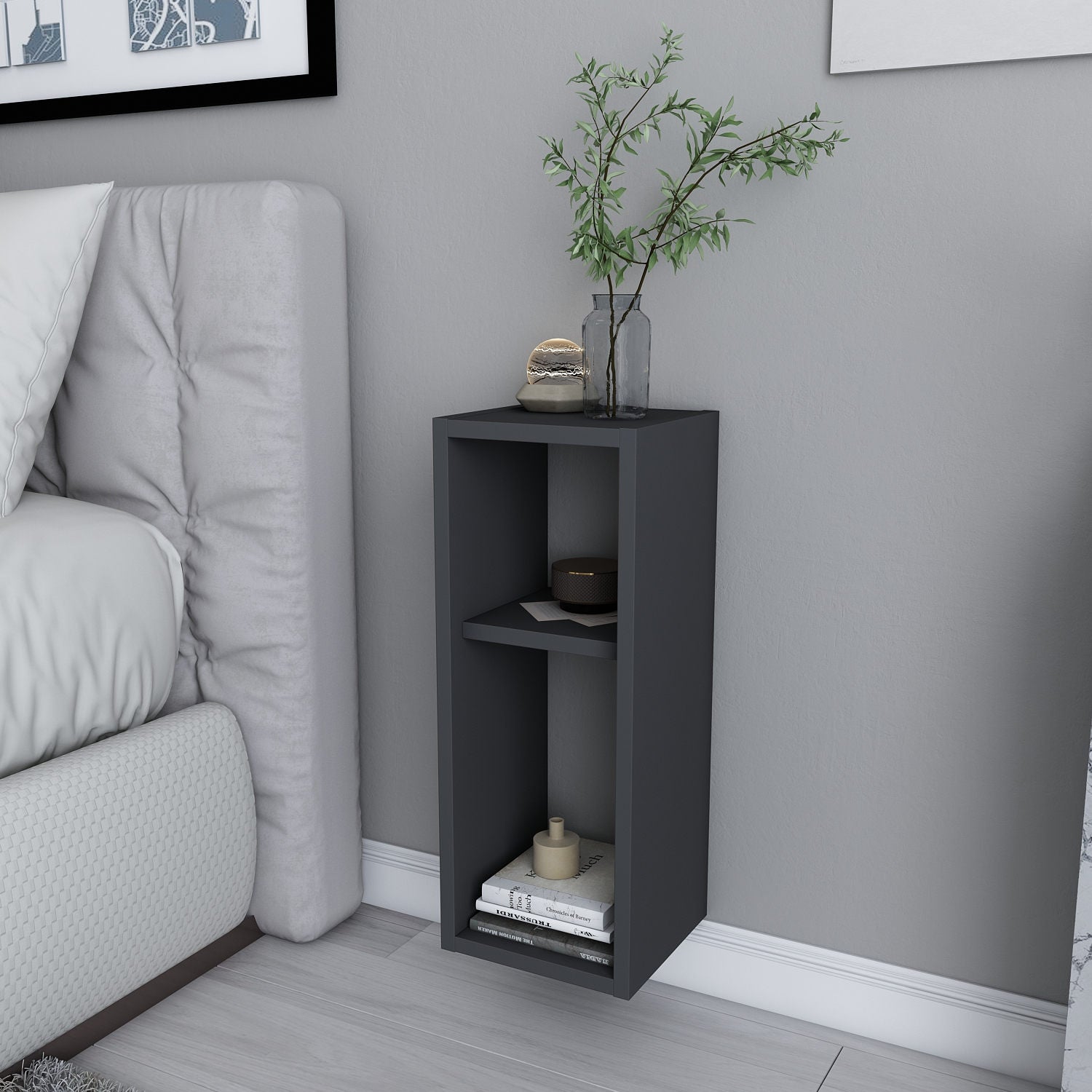 Mesa de Cabeceira Escandinava, Antracite, 23,2 x 22 x 59,6 cm | Painel de Partículas 100% Revestido em Melamina, 18 mm de Espessura | Elegante e Funcional para Hotéis Modernos
