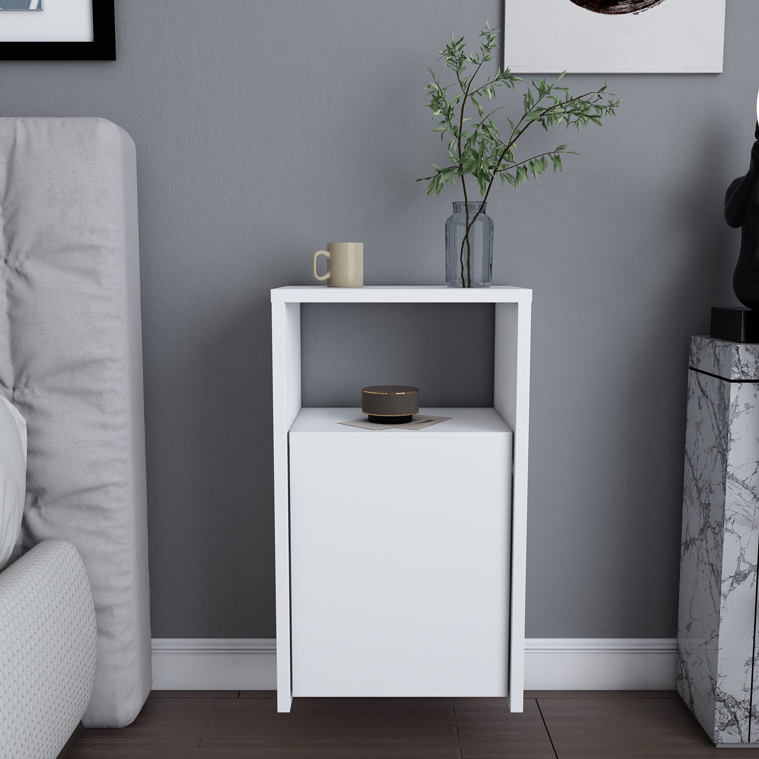 Mesa de Cabeceira Escandinava Branca, 36 x 25,3 x 61,4 cm | Painel de Partículas 100% Revestido com Melamina, 18 mm de Espessura | Design Elegante para Decoração Moderna de Hotéis e Casas