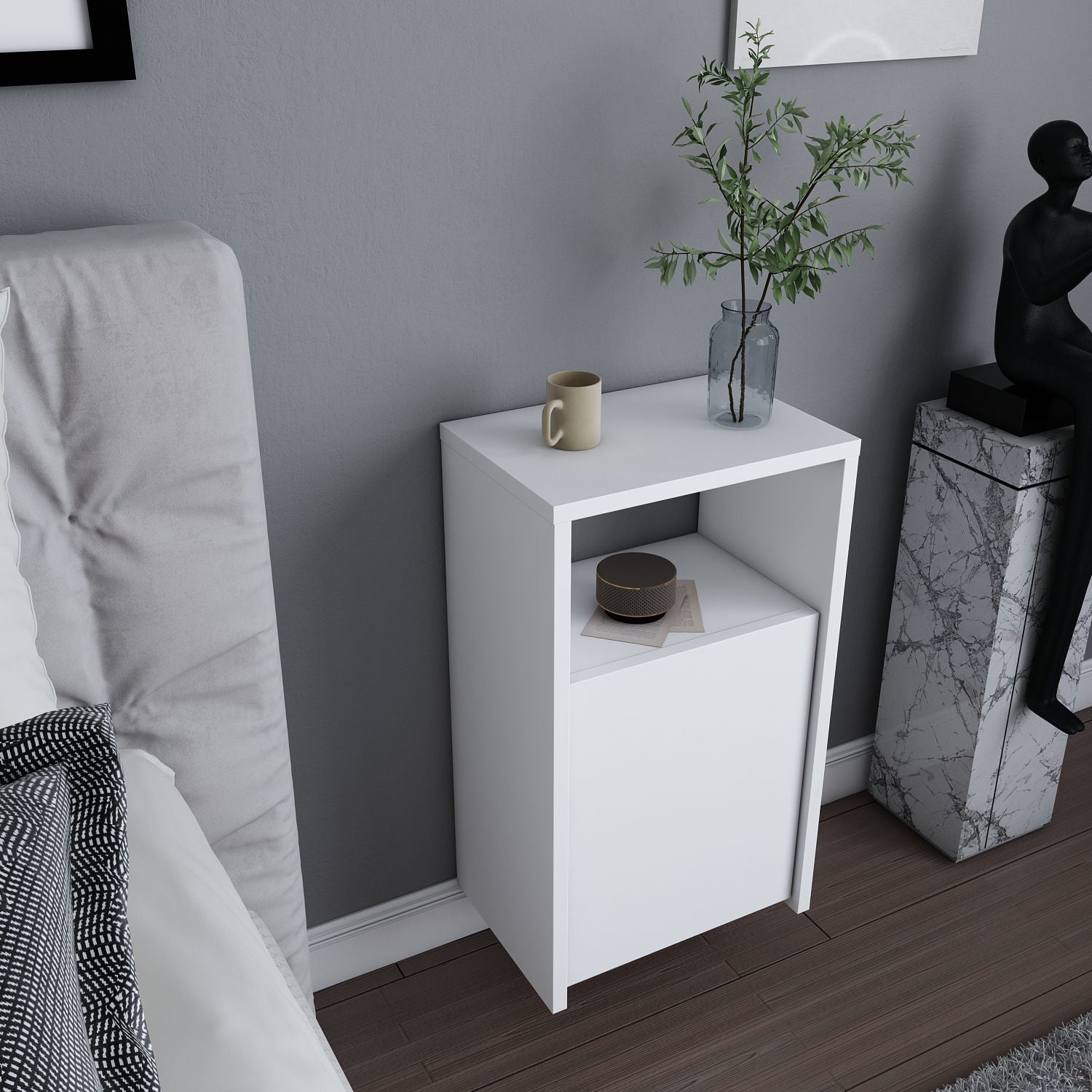 Mesa de Cabeceira Escandinava Branca, 36 x 25,3 x 61,4 cm | Painel de Partículas 100% Revestido com Melamina, 18 mm de Espessura | Design Elegante para Decoração Moderna de Hotéis e Casas