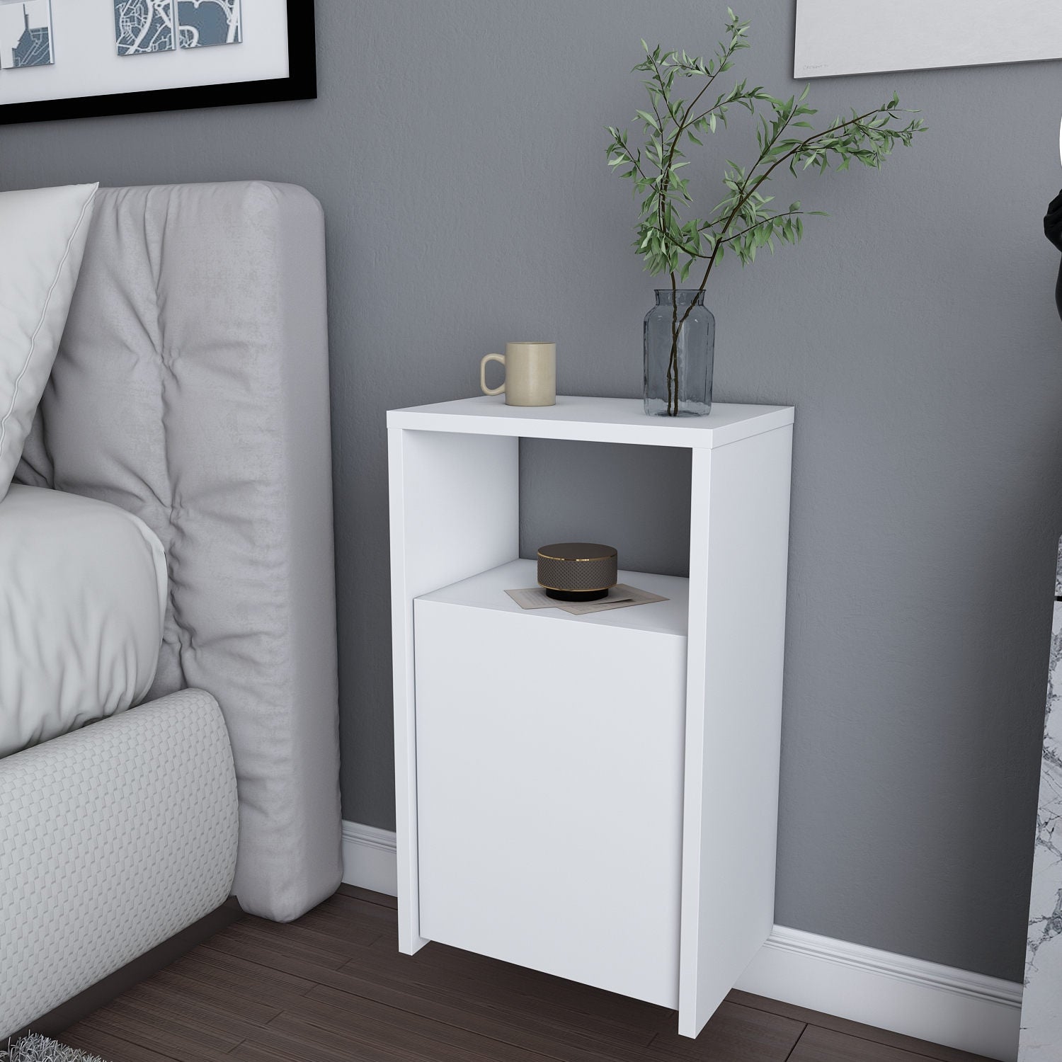 Mesa de Cabeceira Escandinava Branca, 36 x 25,3 x 61,4 cm | Painel de Partículas 100% Revestido com Melamina, 18 mm de Espessura | Design Elegante para Decoração Moderna de Hotéis e Casas