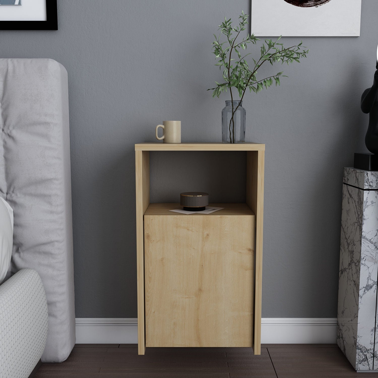 Mesa de Cabeceira em Carvalho Escandinavo, 36 x 25,3 x 61,4 cm | Painel de Partículas 100% Revestido em Melamina, 18 mm de Espessura | Elegante e Funcional para Decoração de Hotéis e Cabanas