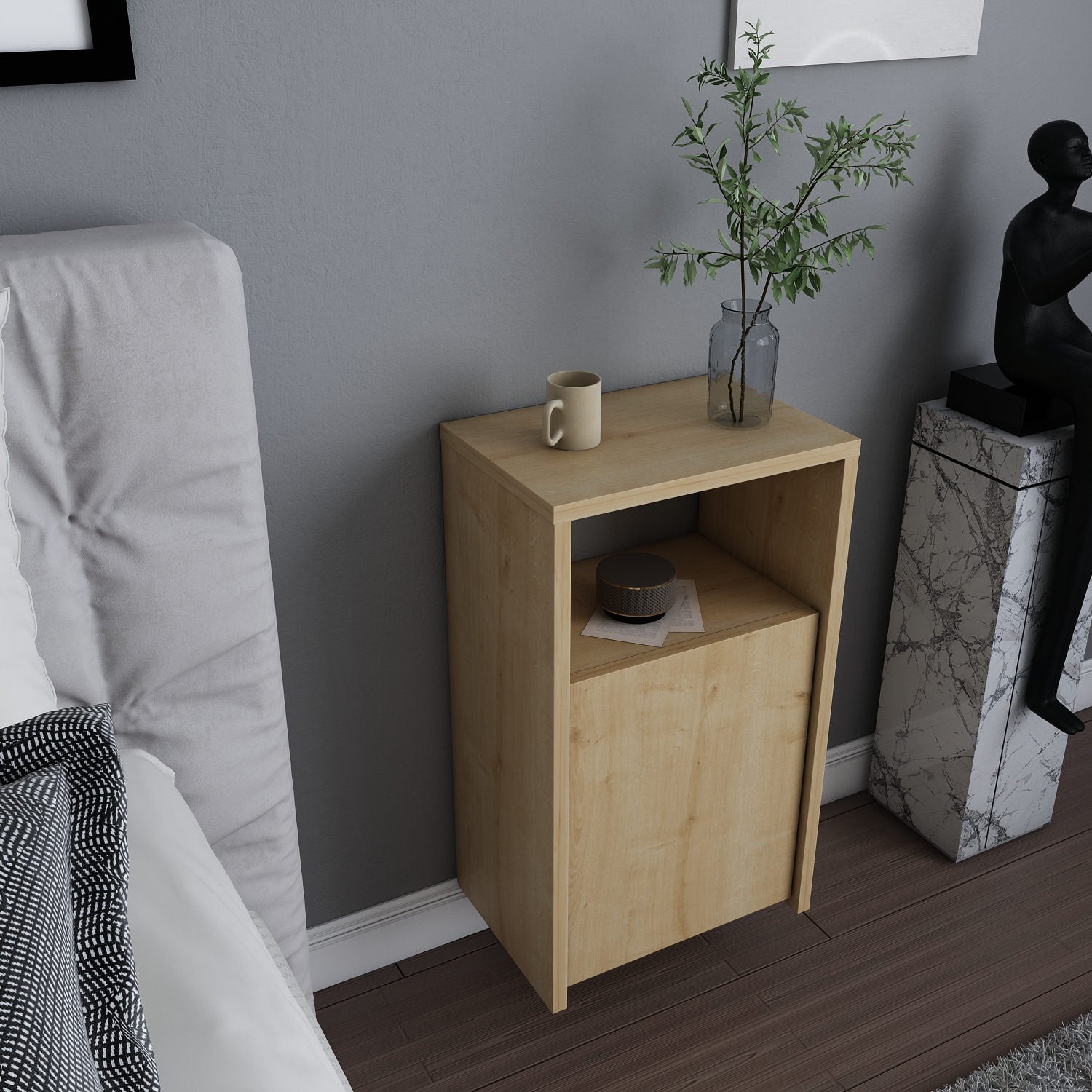 Mesa de Cabeceira em Carvalho Escandinavo, 36 x 25,3 x 61,4 cm | Painel de Partículas 100% Revestido em Melamina, 18 mm de Espessura | Elegante e Funcional para Decoração de Hotéis e Cabanas
