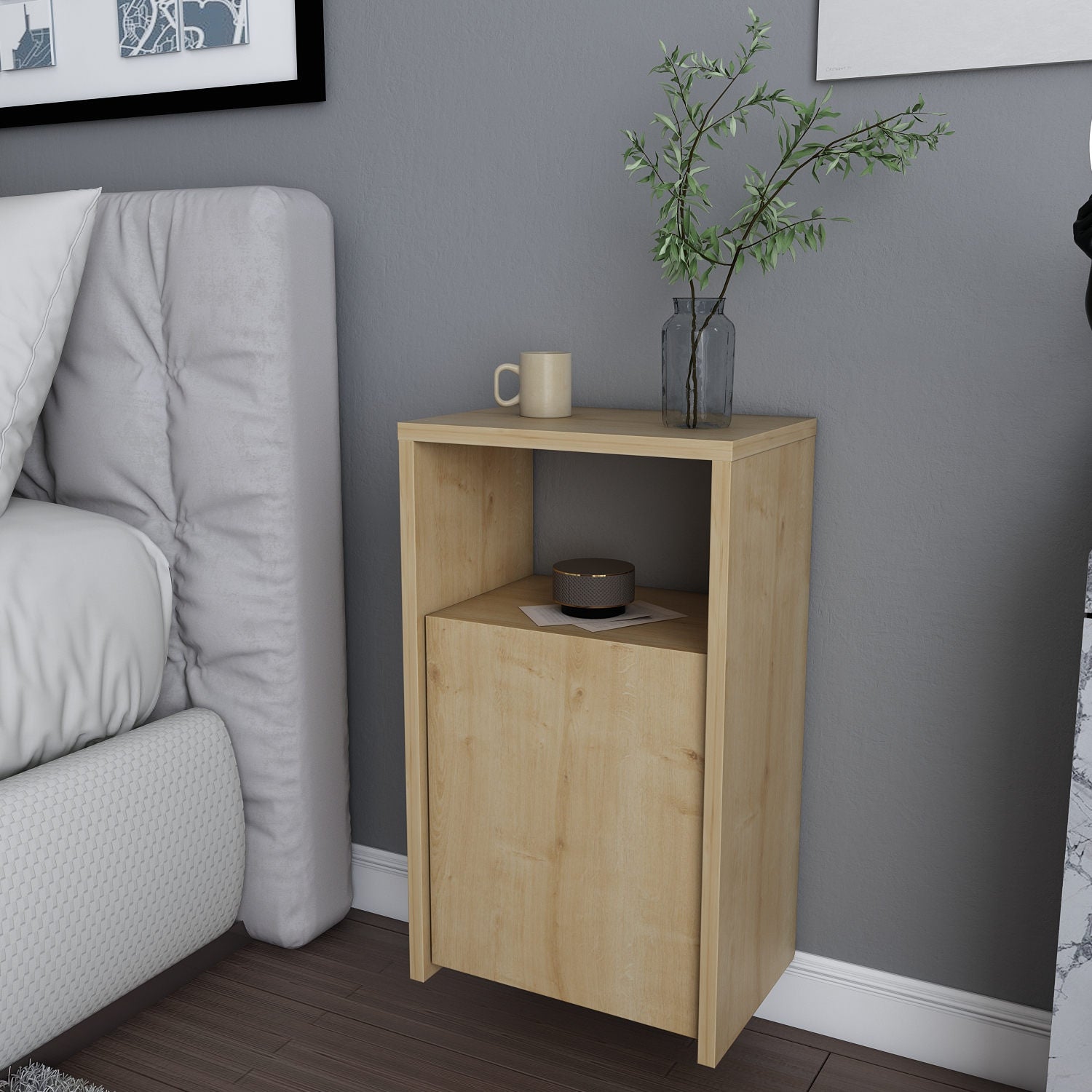 Mesa de Cabeceira em Carvalho Escandinavo, 36 x 25,3 x 61,4 cm | Painel de Partículas 100% Revestido em Melamina, 18 mm de Espessura | Elegante e Funcional para Decoração de Hotéis e Cabanas