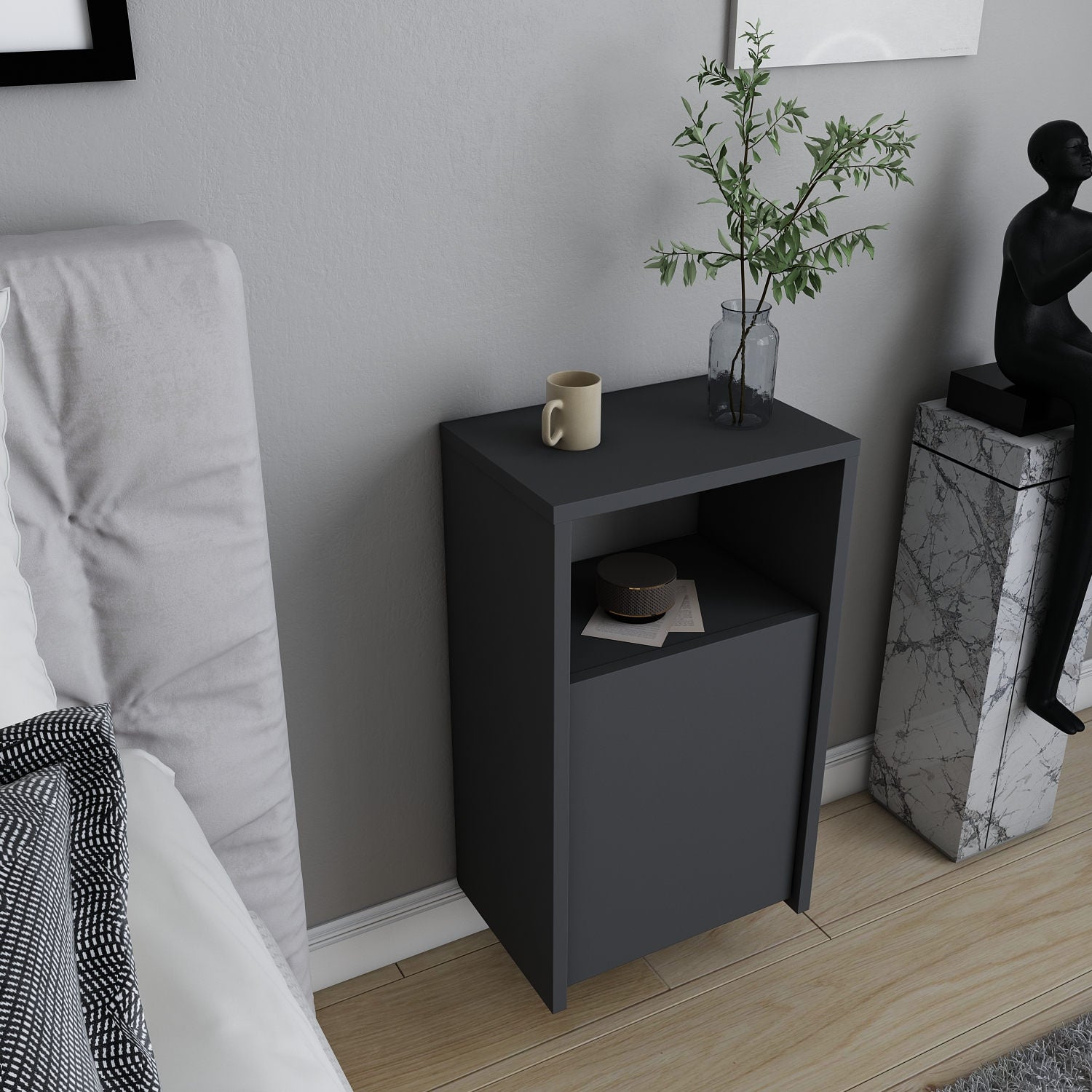 Mesa de Cabeceira Escandinava, Antracite, 36 x 25,3 x 61,4 cm | Painel de Partículas 100% Revestido em Melamina, 18 mm de Espessura | Elegante e Funcional para Quartos Modernos