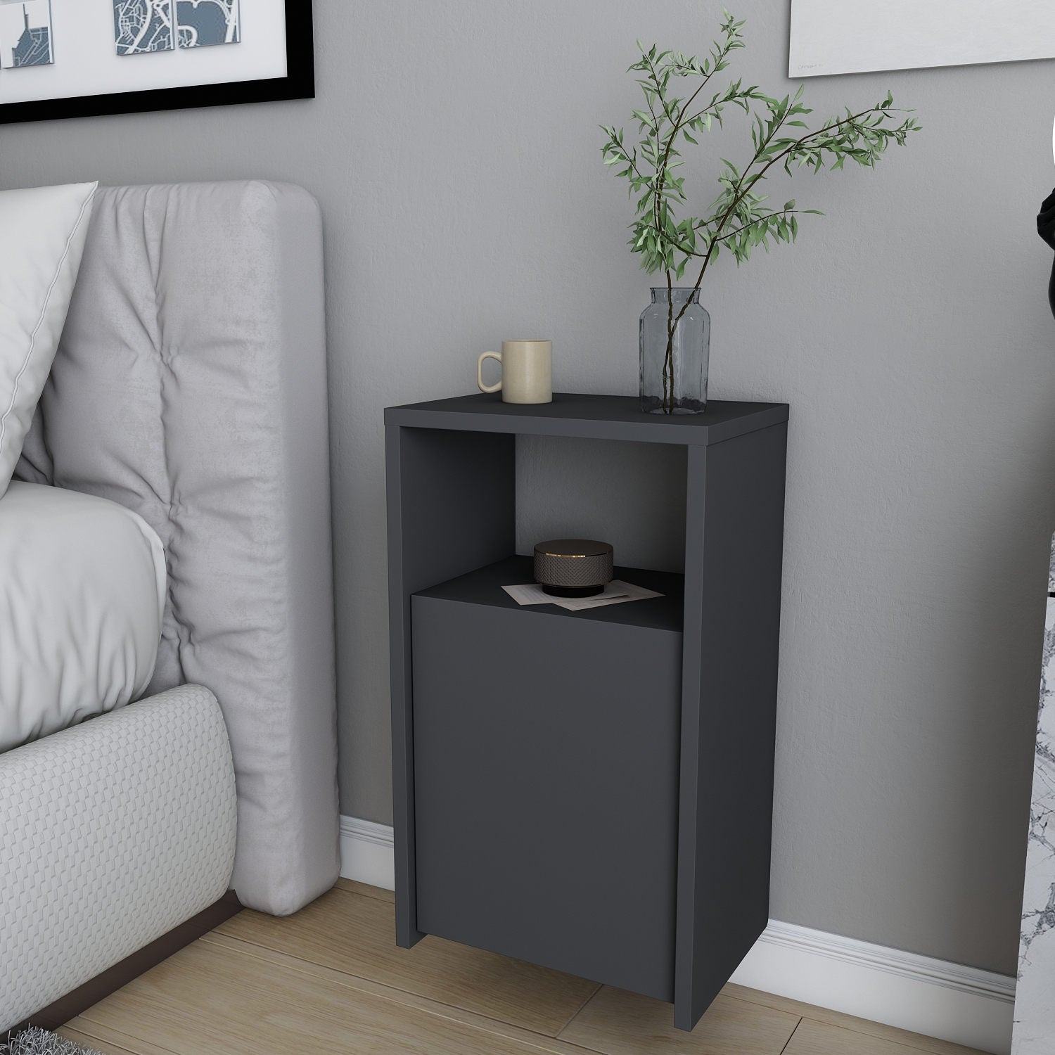 Mesa de Cabeceira Escandinava, Antracite, 36 x 25,3 x 61,4 cm | Painel de Partículas 100% Revestido em Melamina, 18 mm de Espessura | Elegante e Funcional para Quartos Modernos