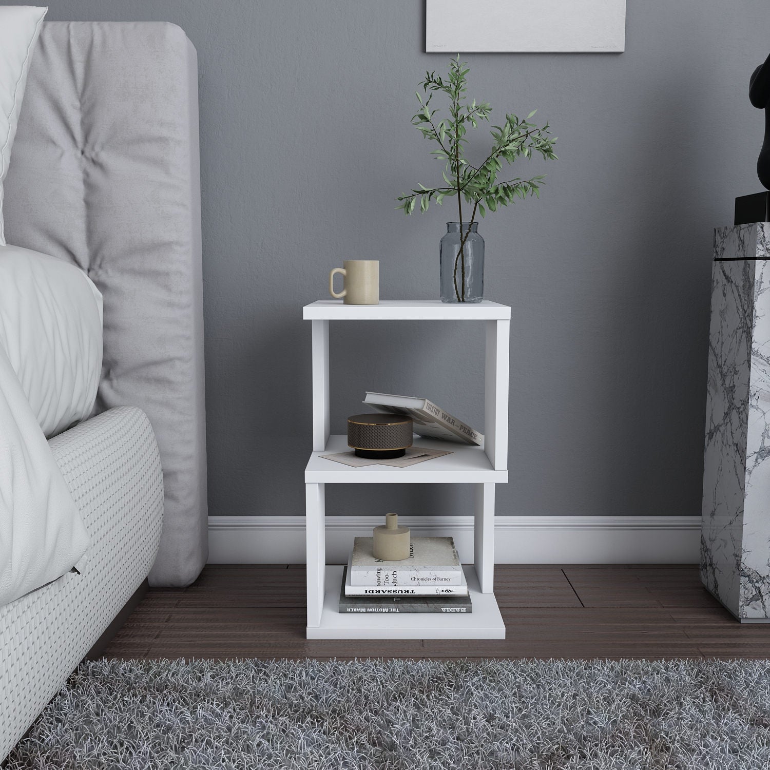 Mesa de Cabeceira Escandinava, Branca, 29,6 x 29,6 x 49,4 cm | Painel de Partículas 100% Revestido em Melamina, 18 mm de Espessura | Elegante e Funcional para Quartos Modernos